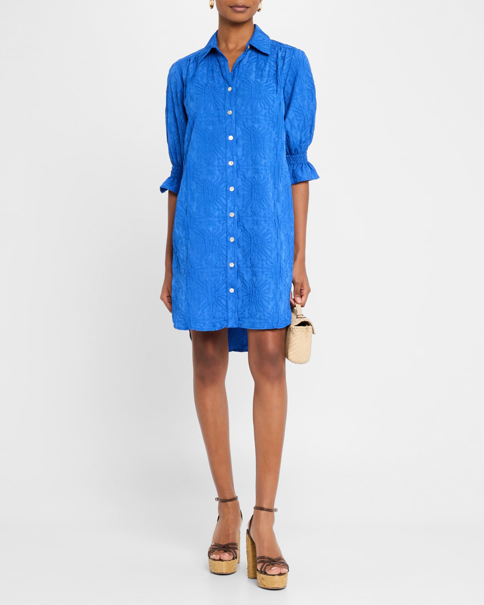 Miller Puff-Sleeve Floral Jacquard Shirtdress 1