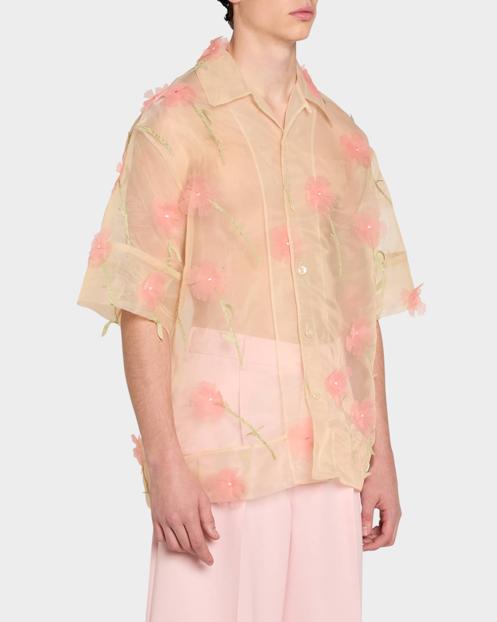Simone Rocha Men's Sheer Floral Boxy Shirt | Neiman Marcus