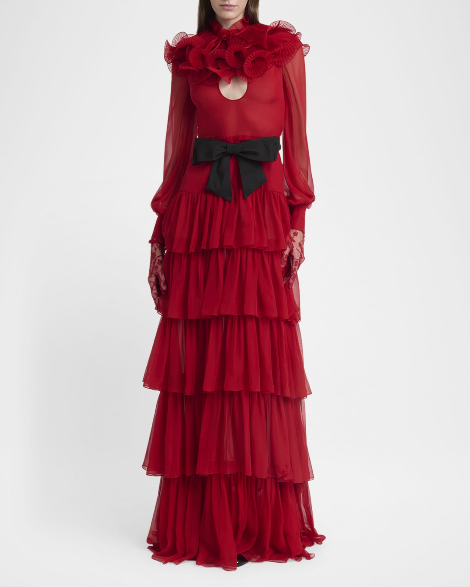 Ruffled Long Keyhole Chiffon Gown With Bow Detail 1