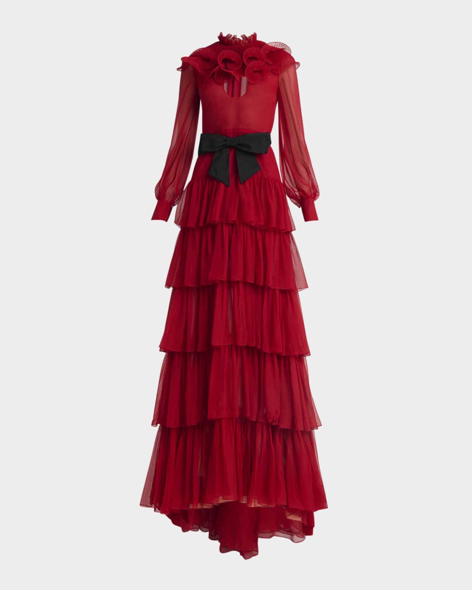 Ruffled Long Keyhole Chiffon Gown With Bow Detail 0