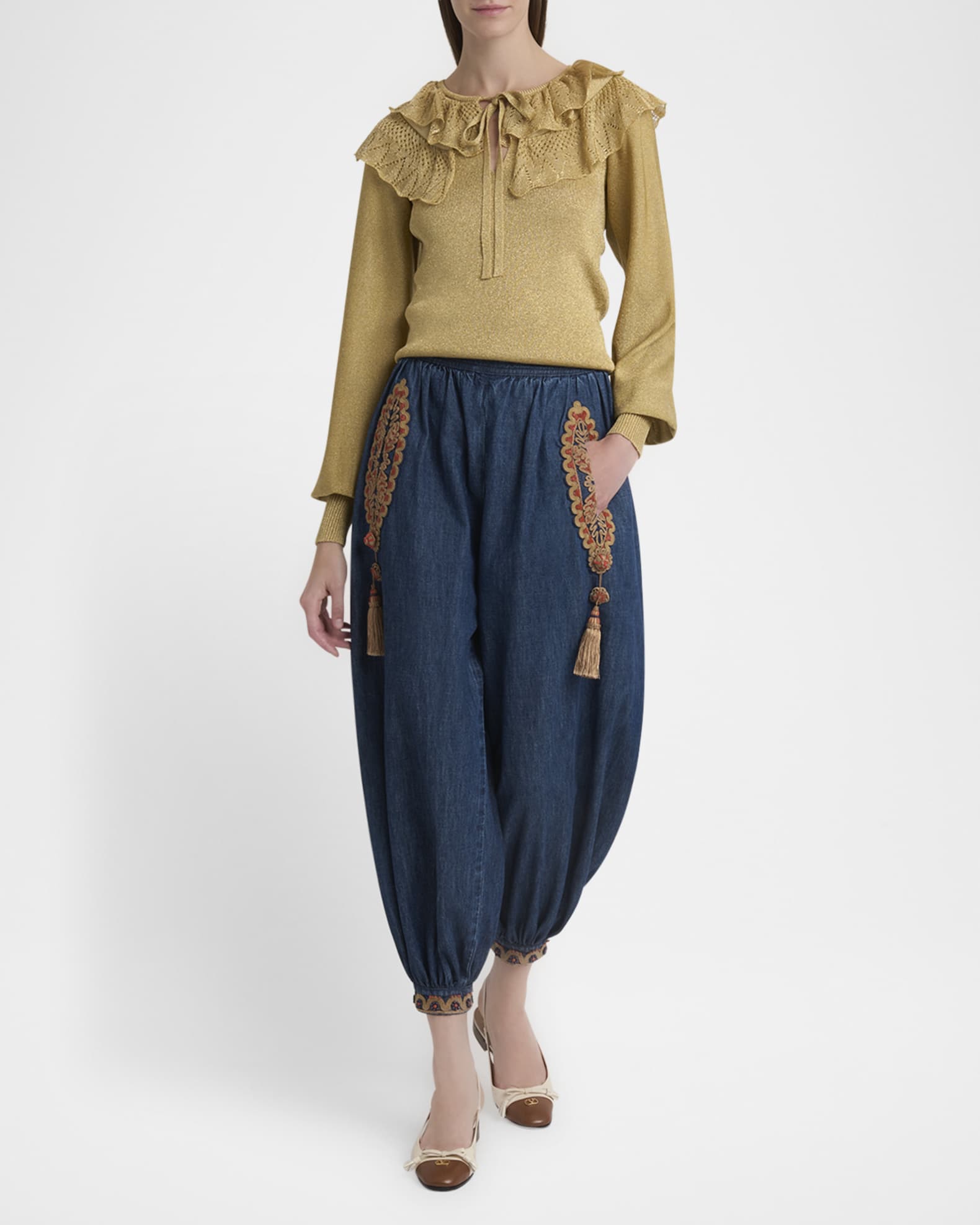 Embroidered Chambray Denim Wide-Leg Crop Blouson Trousers 1