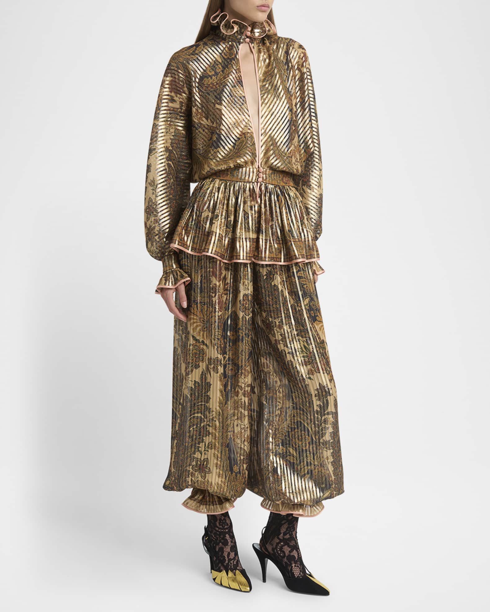 Metallic Voyage Pleated Wide-Leg Pull-On Pants 1