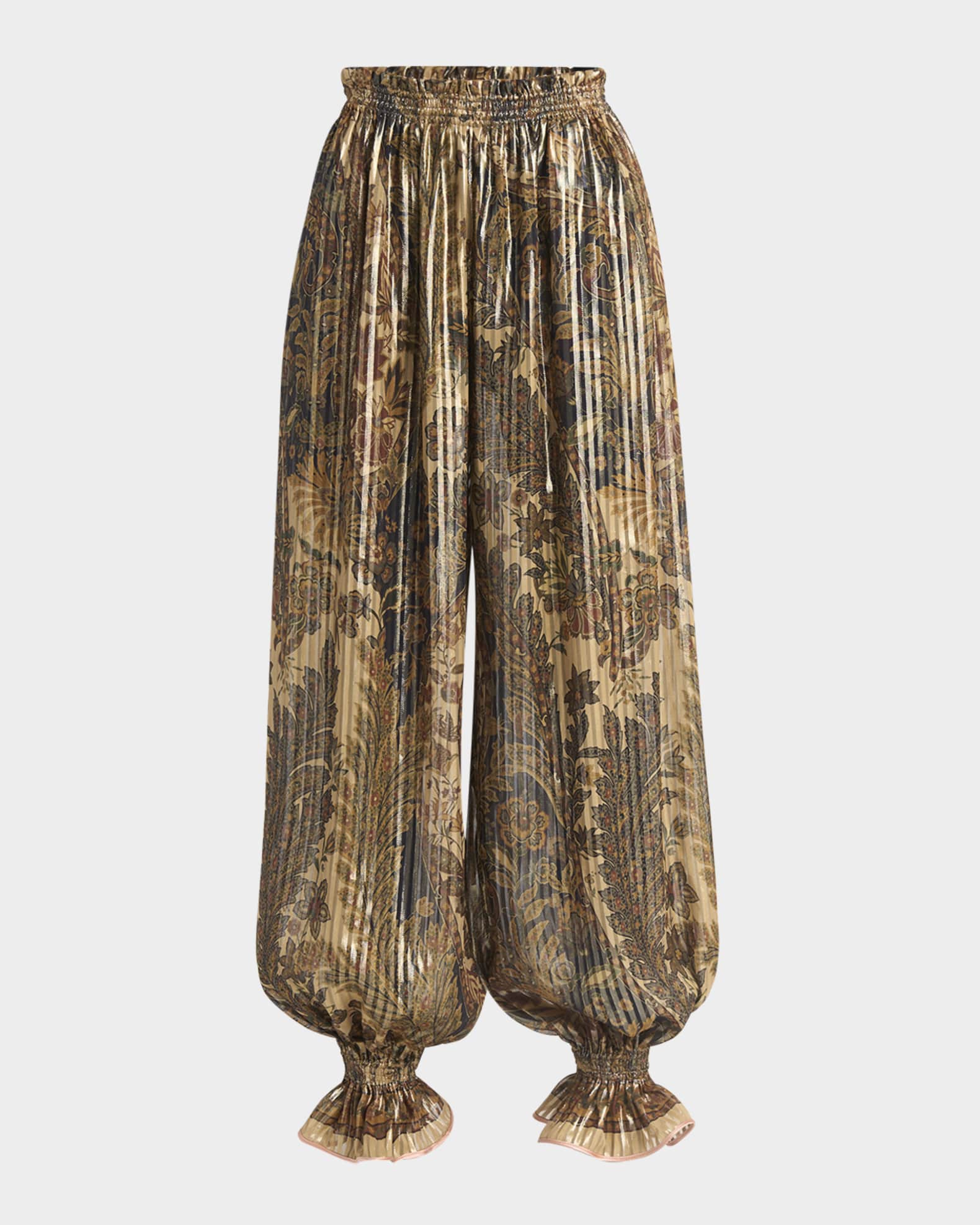 Metallic Voyage Pleated Wide-Leg Pull-On Pants 0