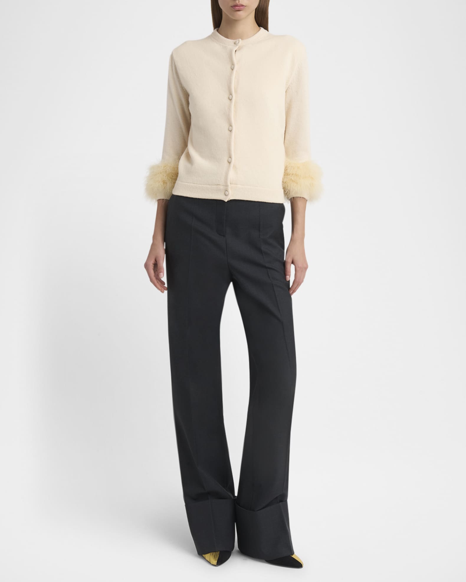 Feather-Cuff Crewneck Cardigan 1