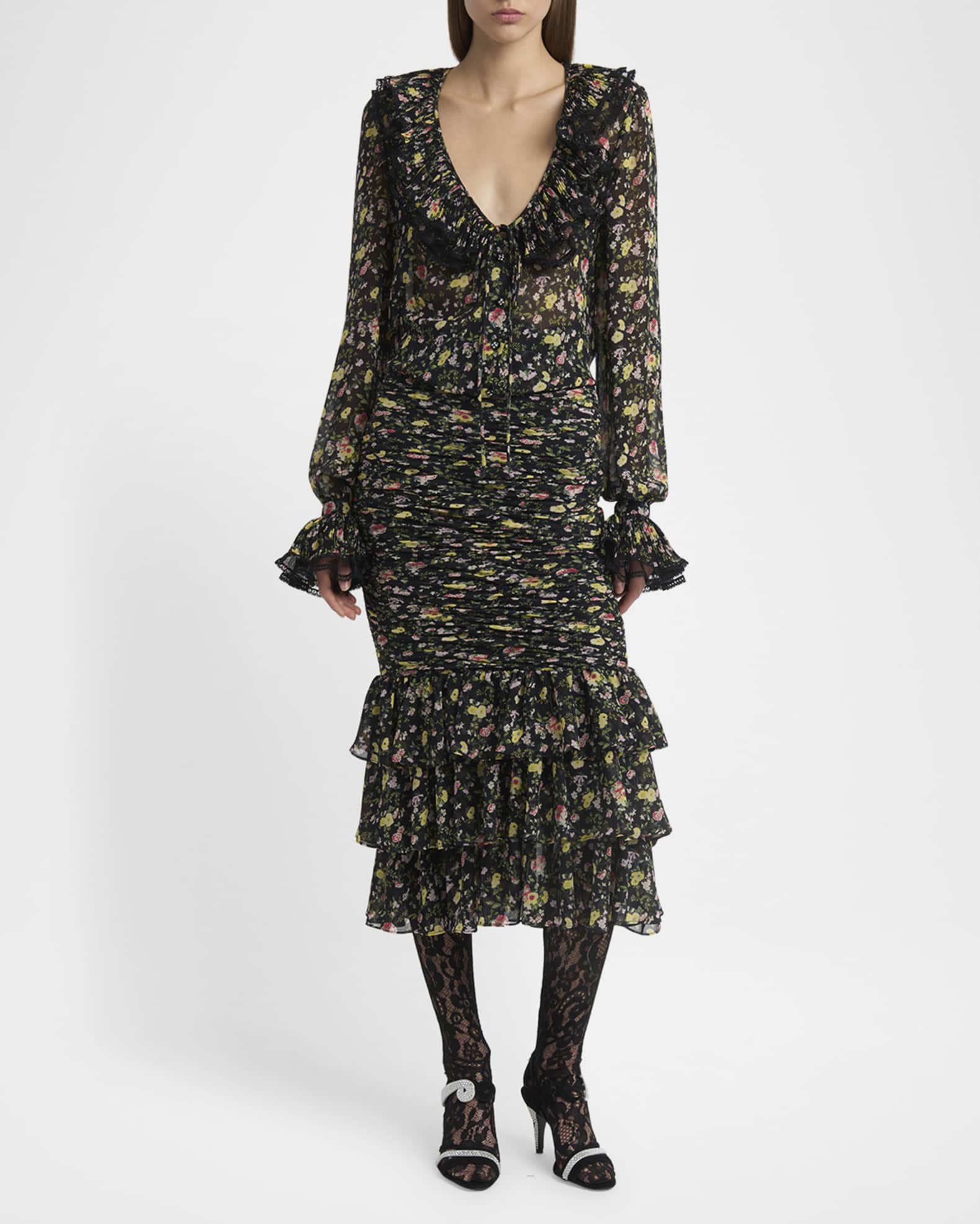海外から輸入 Valentino With Skirt Midi Print Flower Ruched Garavani 靴
