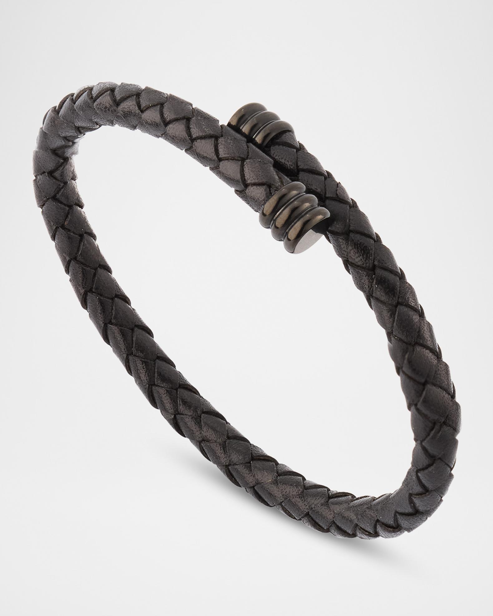 Link Up Men's Flexible Braided Leather Bracelet with Stainless Steel ...