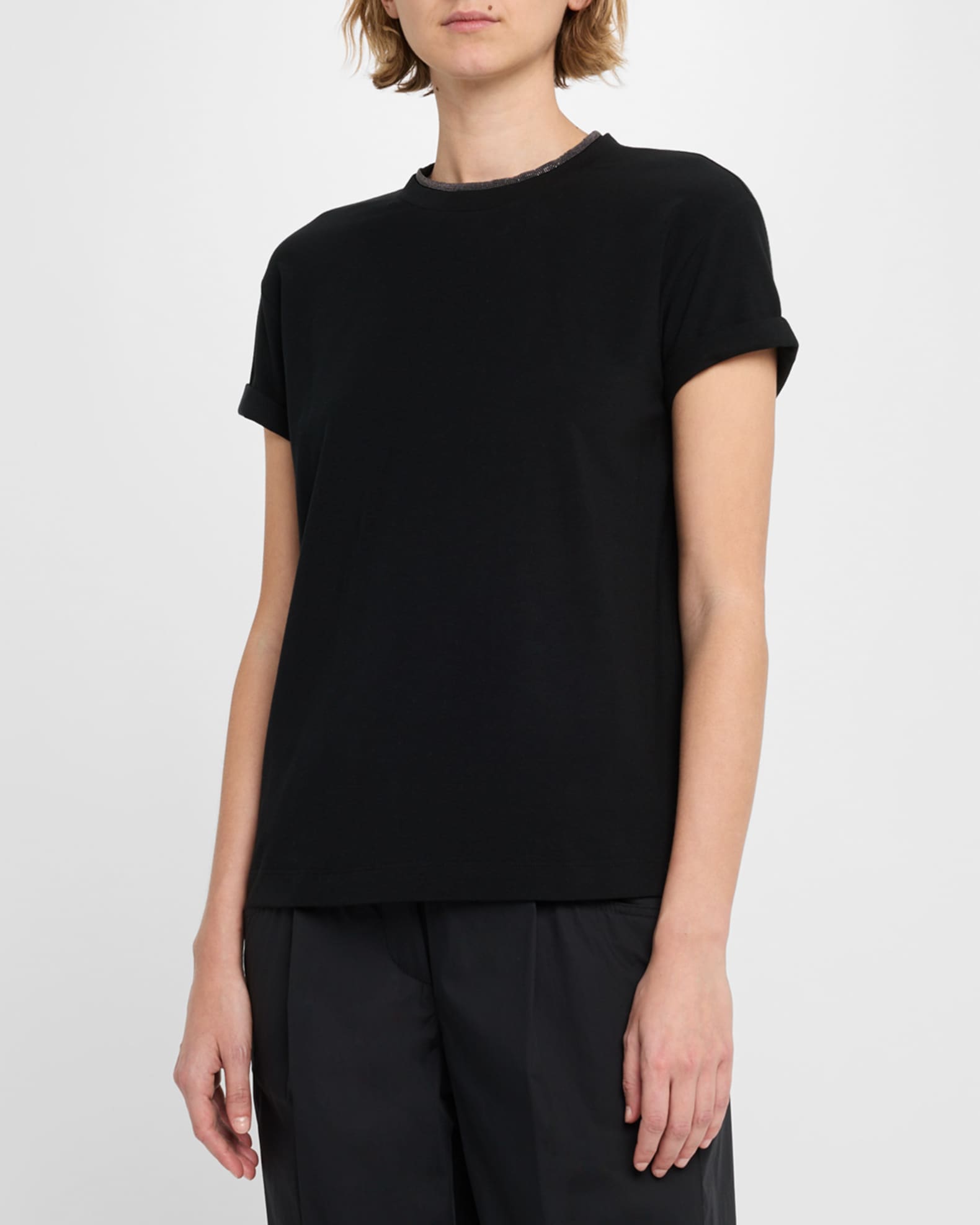Tシャツ・カットソー Brunello Cucinelli Monili-Detailed Stretch Cotton T-Shirt Brunello Cucinelli Monili-Neck Short-Sleeved Flat Cotton T