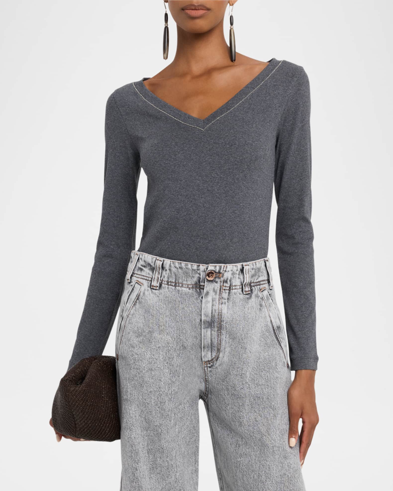 美品　Brunello Cucinelli グレー Vネック トップス L Brunello Cucinelli Monili V-Neck Long-Sleeve Cotton Rib Top