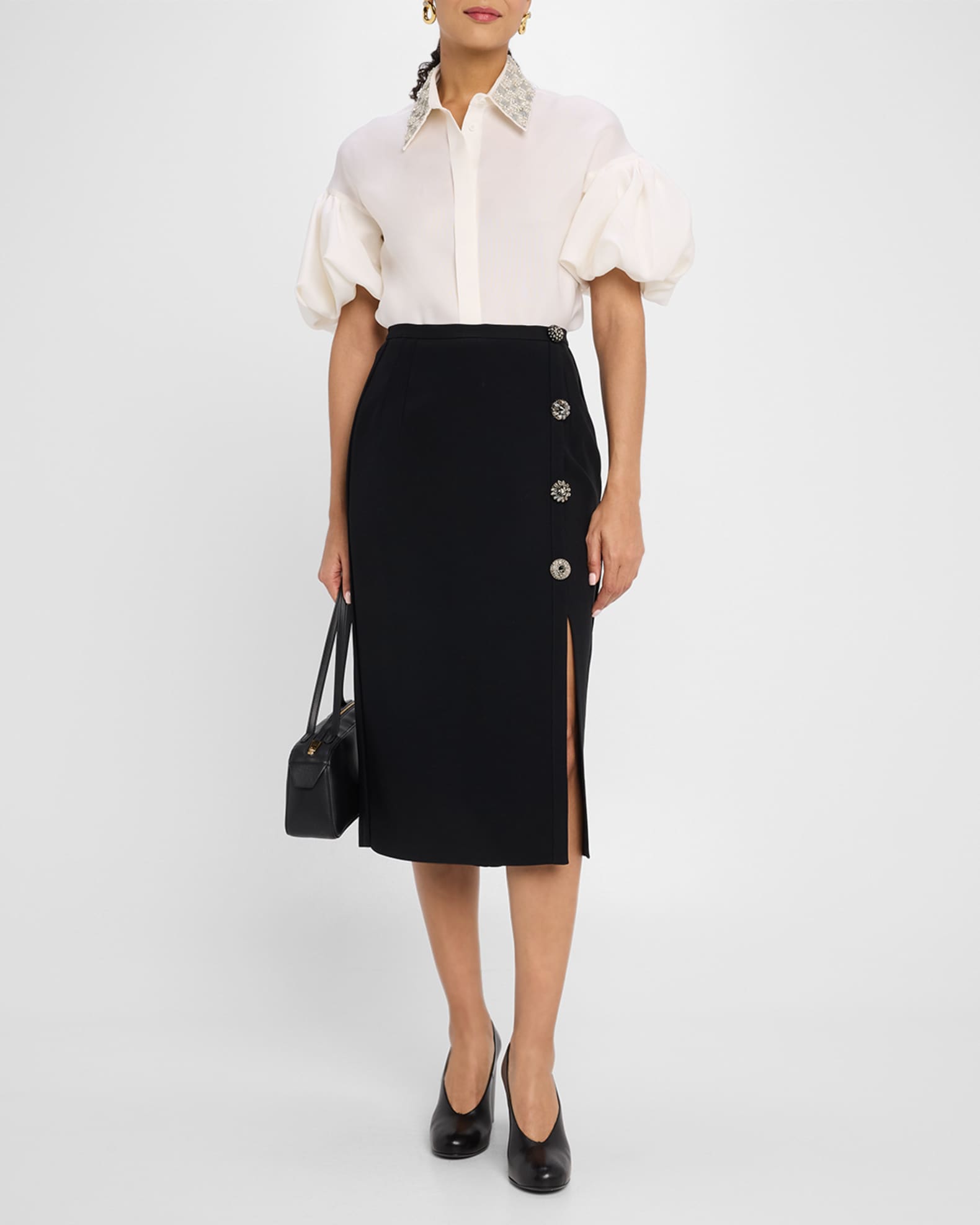 Embroidered Collar Puff-Sleeve Blouse 1