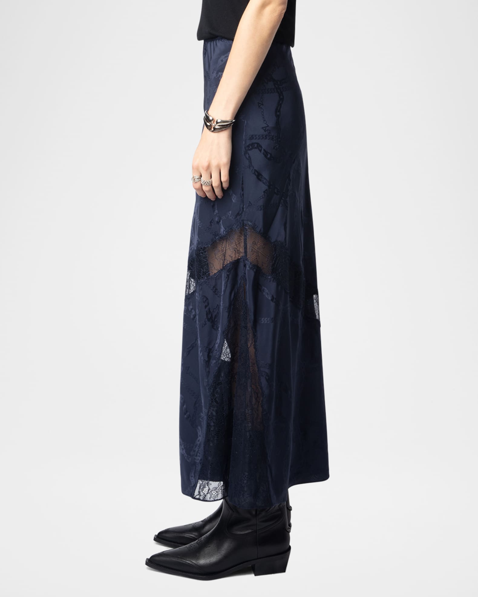 Zadig & Voltaire Joji Floral Jacquard Faded Chains Tie Waist Silk Skirt- Mastic