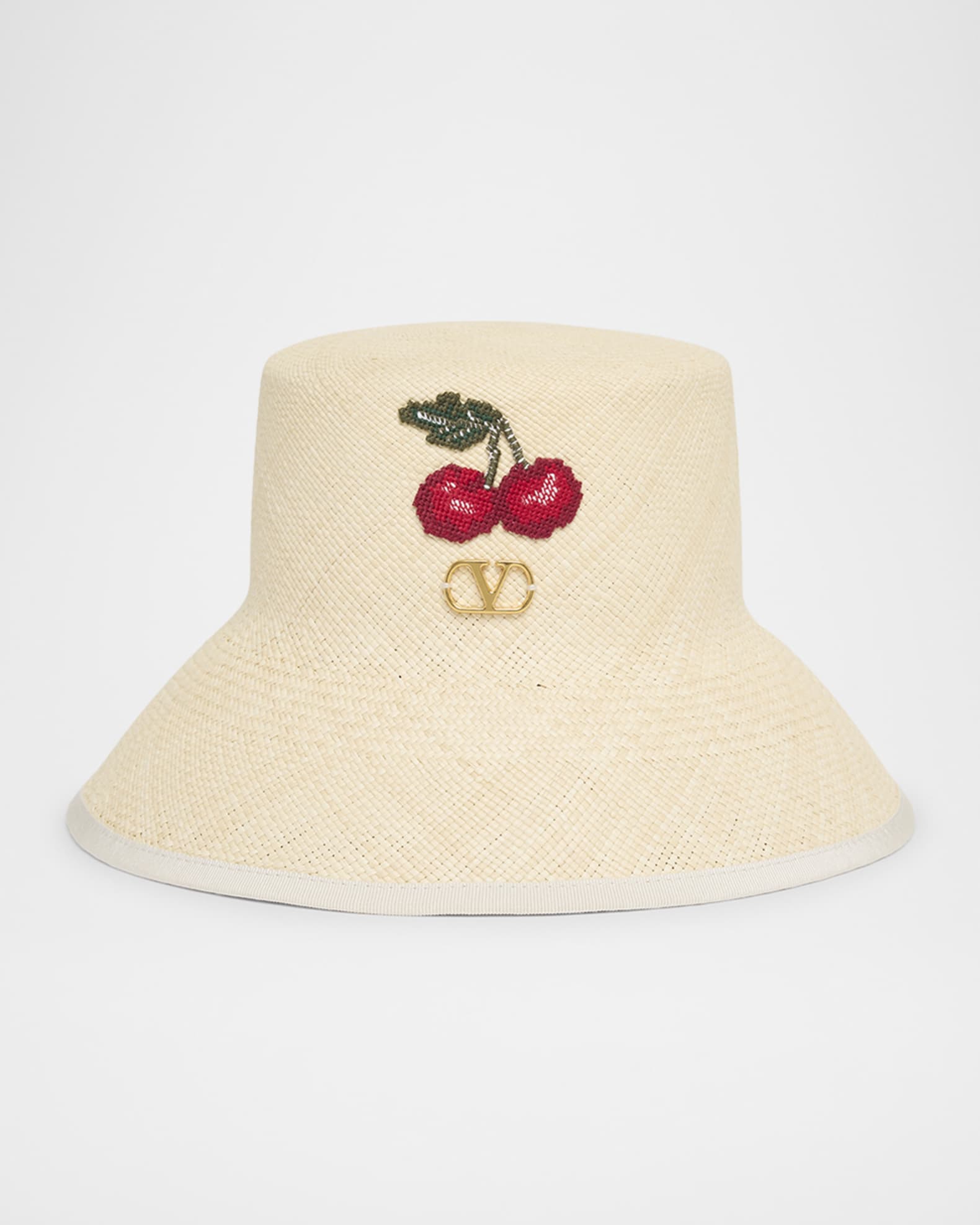 Valentino Garavani VLOGO Cherries Straw Bucket Hat | Neiman