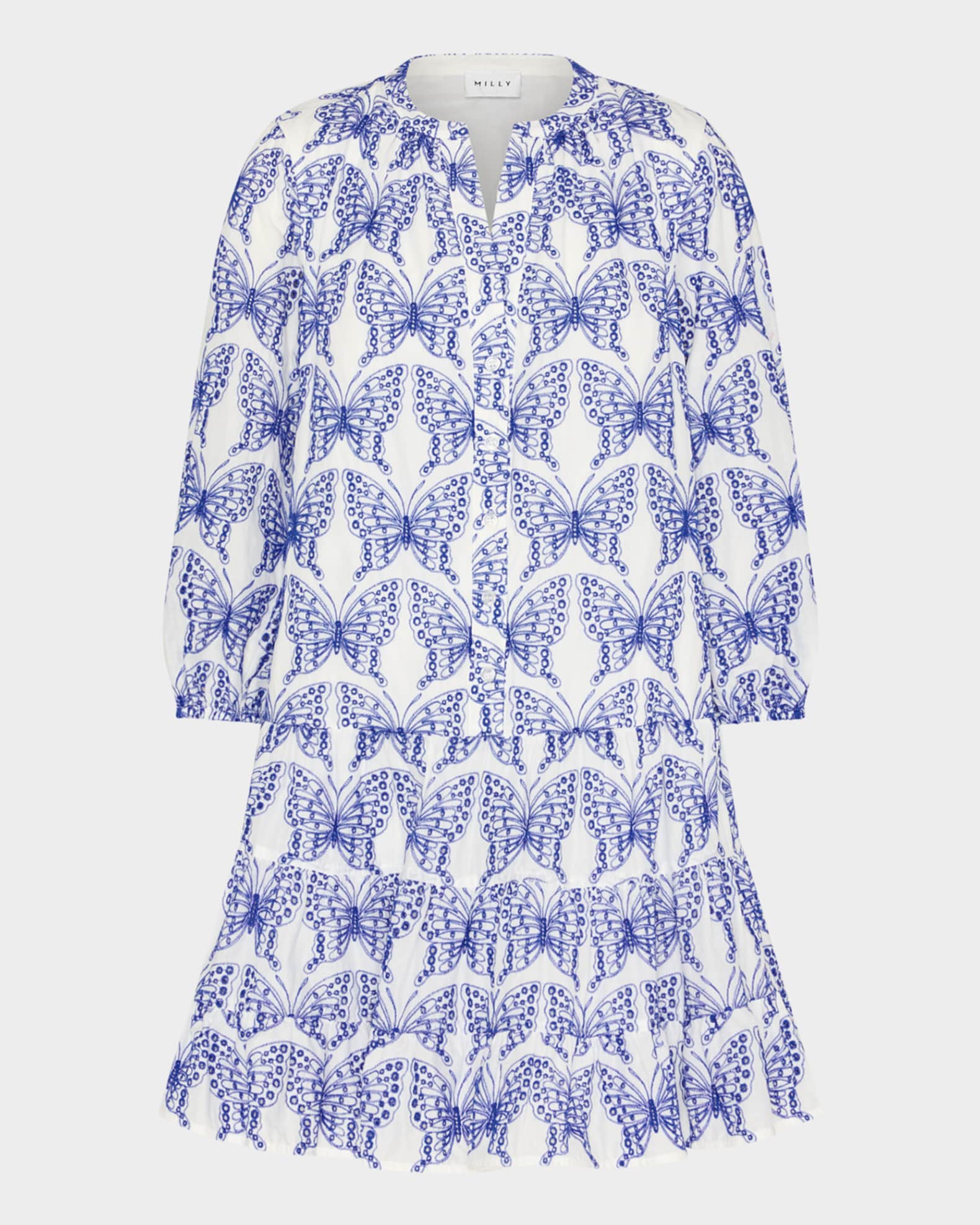 Tiered Eyelet Butterfly-Embroidered Mini Dress 0
