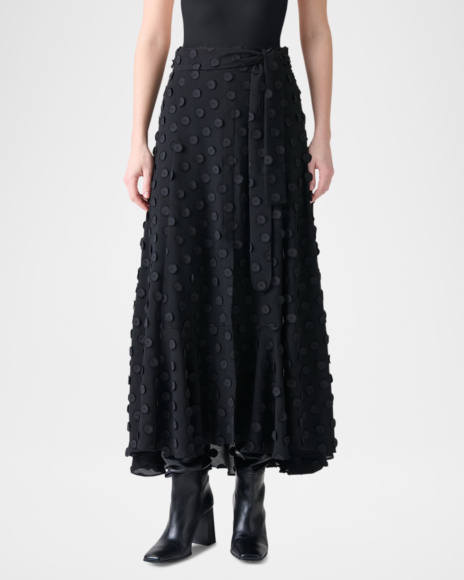 3D Polka-Dot Techno Georgette Belted Midi Boho Skirt 1