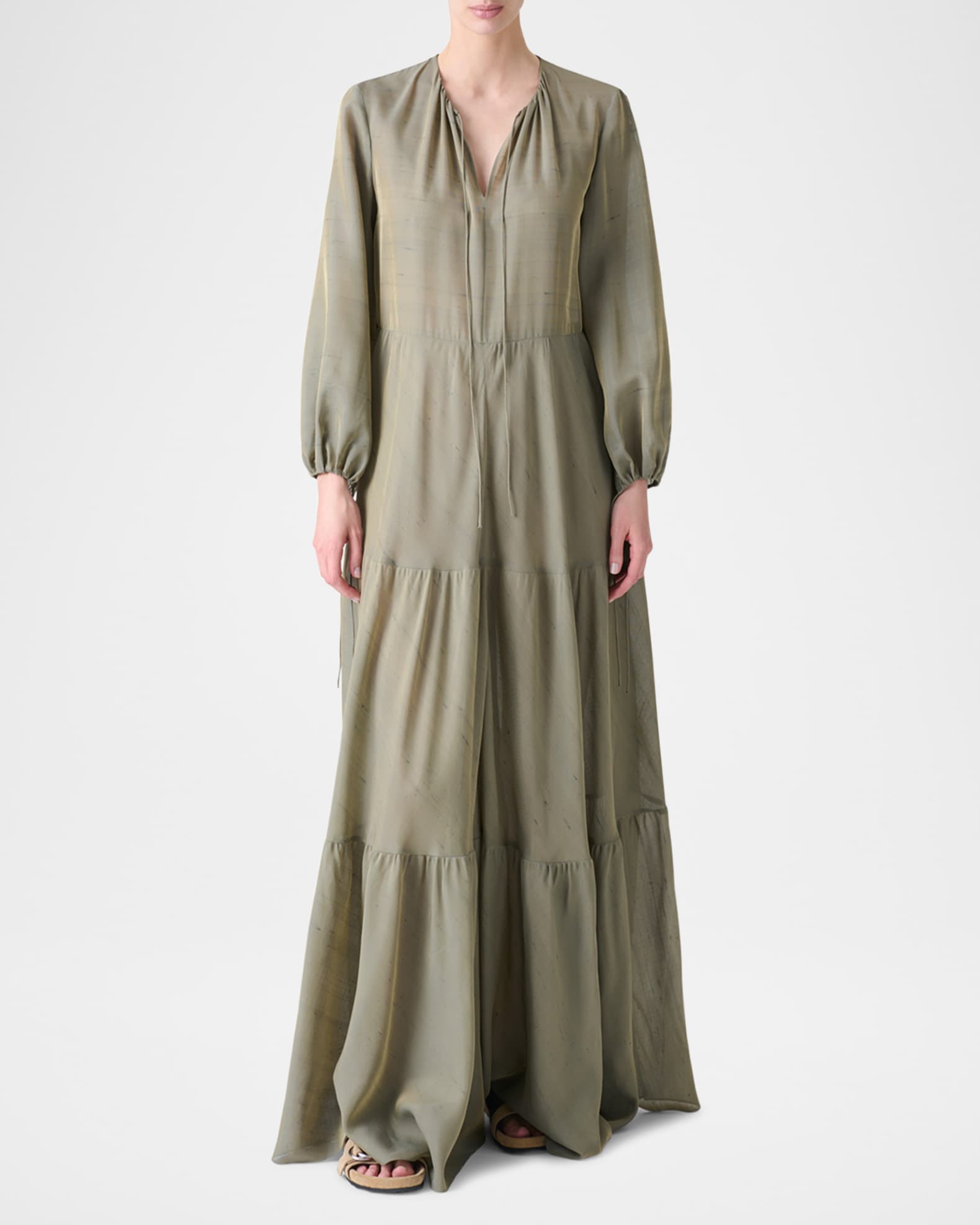 Long-Sleeve Tiered Silk Batiste A-Line Maxi Dress 1