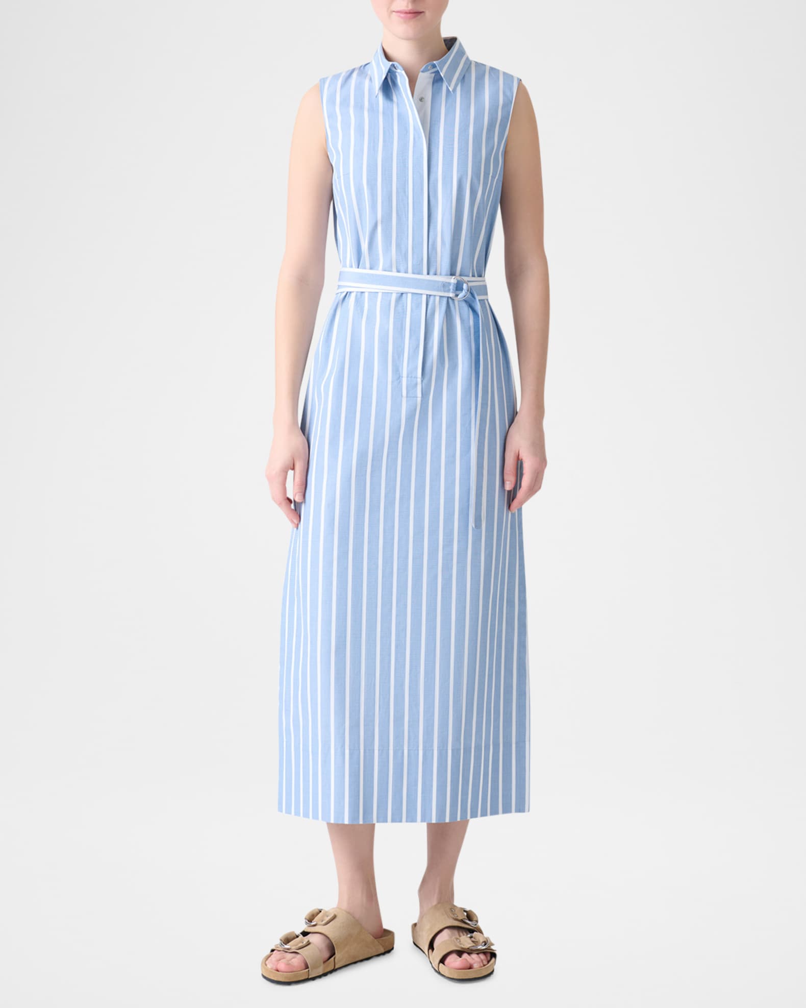 Striped Sleeveless Belted Cotton Midi Shirtdress 1