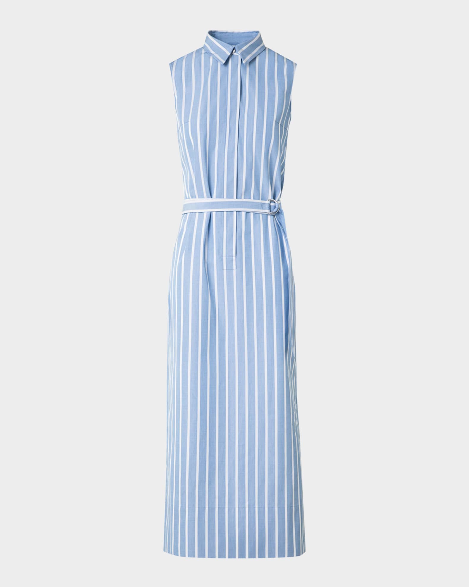 Striped Sleeveless Belted Cotton Midi Shirtdress 0