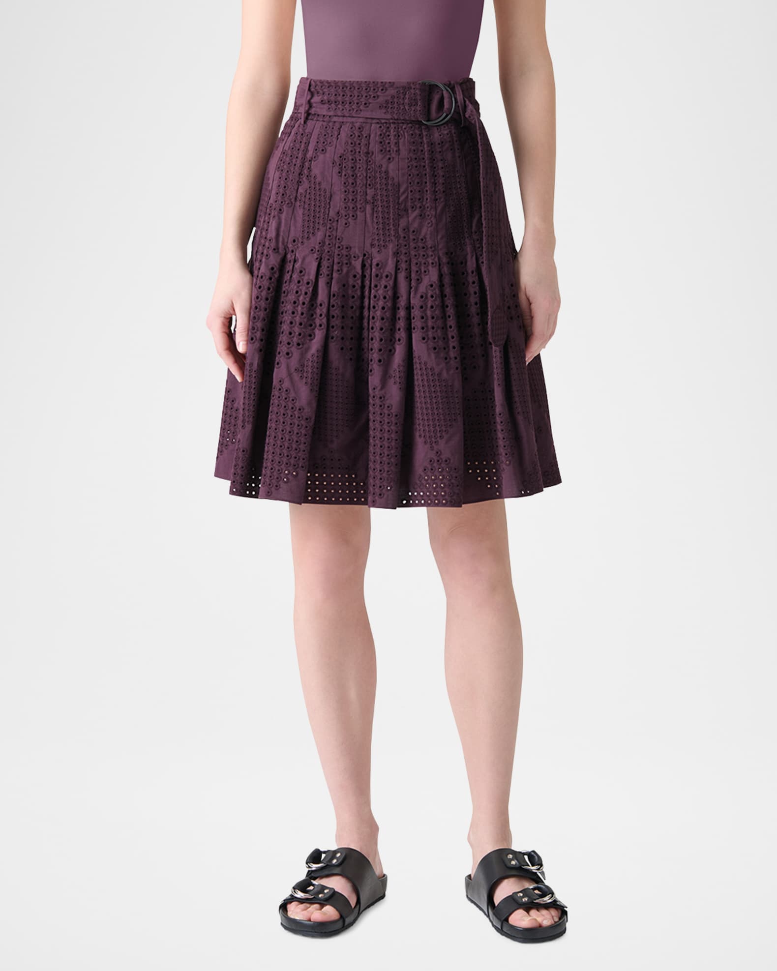 Diamond Eyelet Cotton Poplin Belted Flare Skirt 1