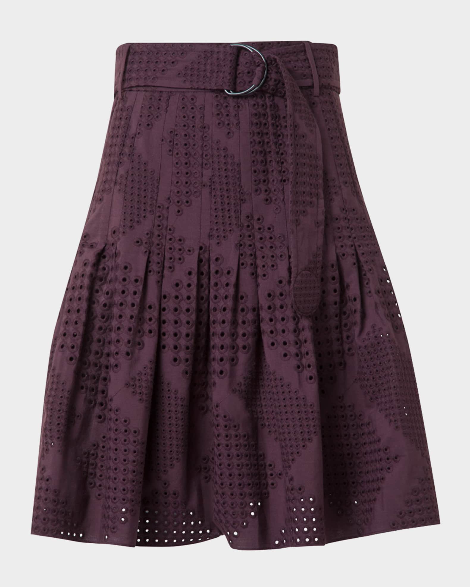 Diamond Eyelet Cotton Poplin Belted Flare Skirt 0
