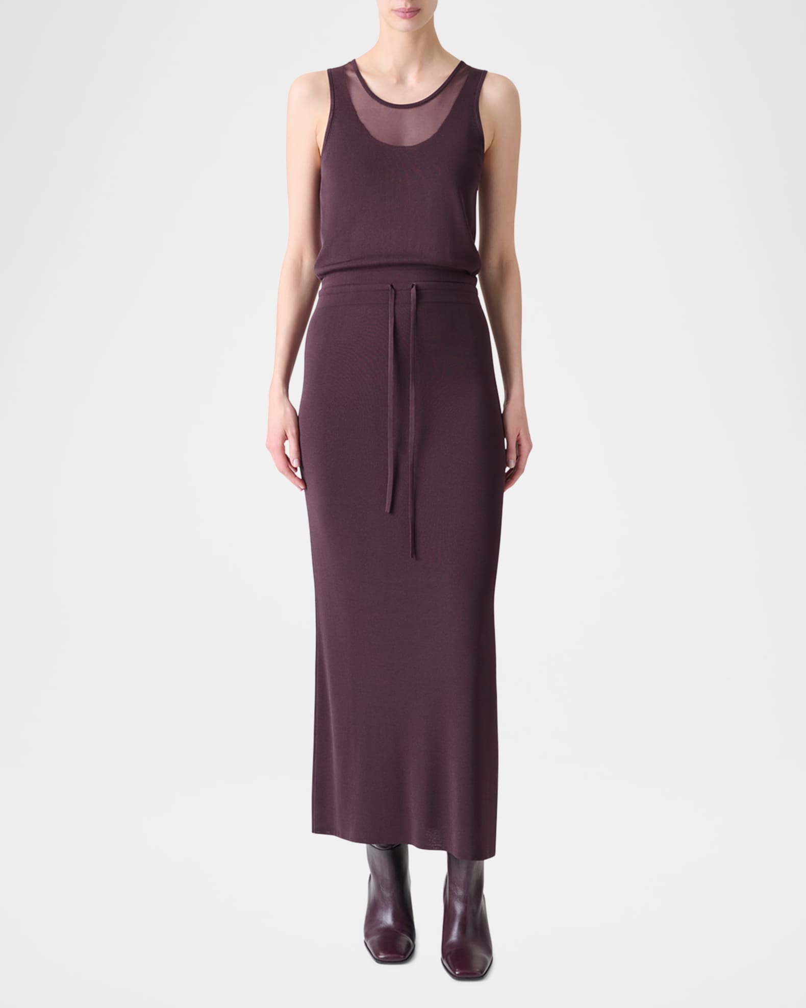 Sleeveless Layered Sheer Viscose Knit Drawstring Midi Dress 1