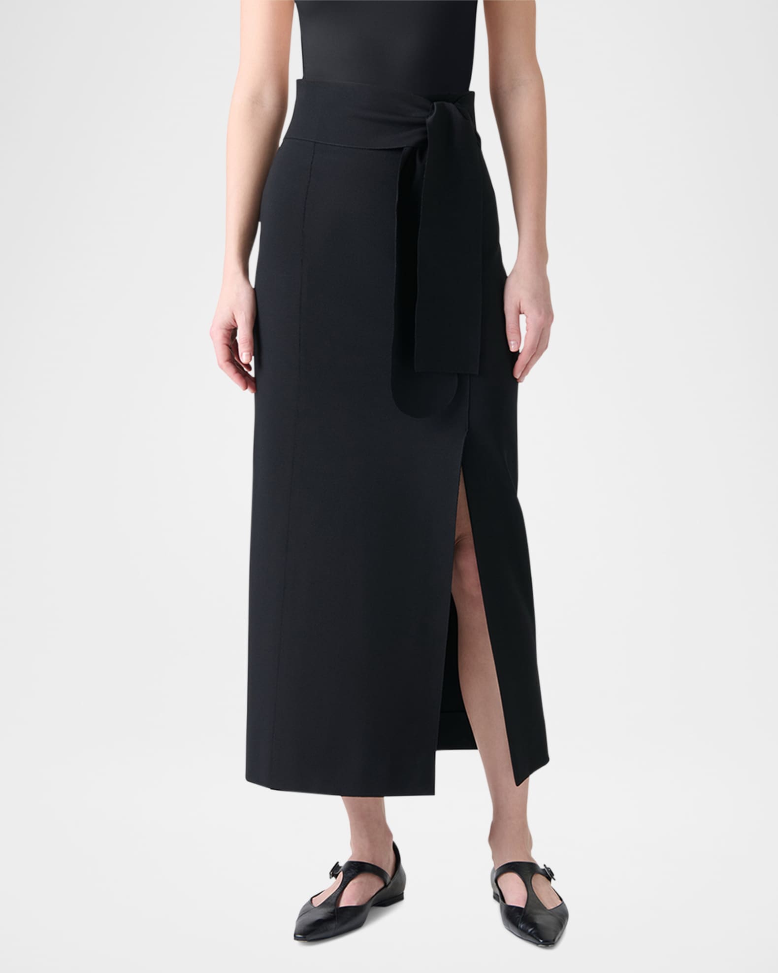 Belted Viscose Jersey Slit Midi Pencil Skirt 1