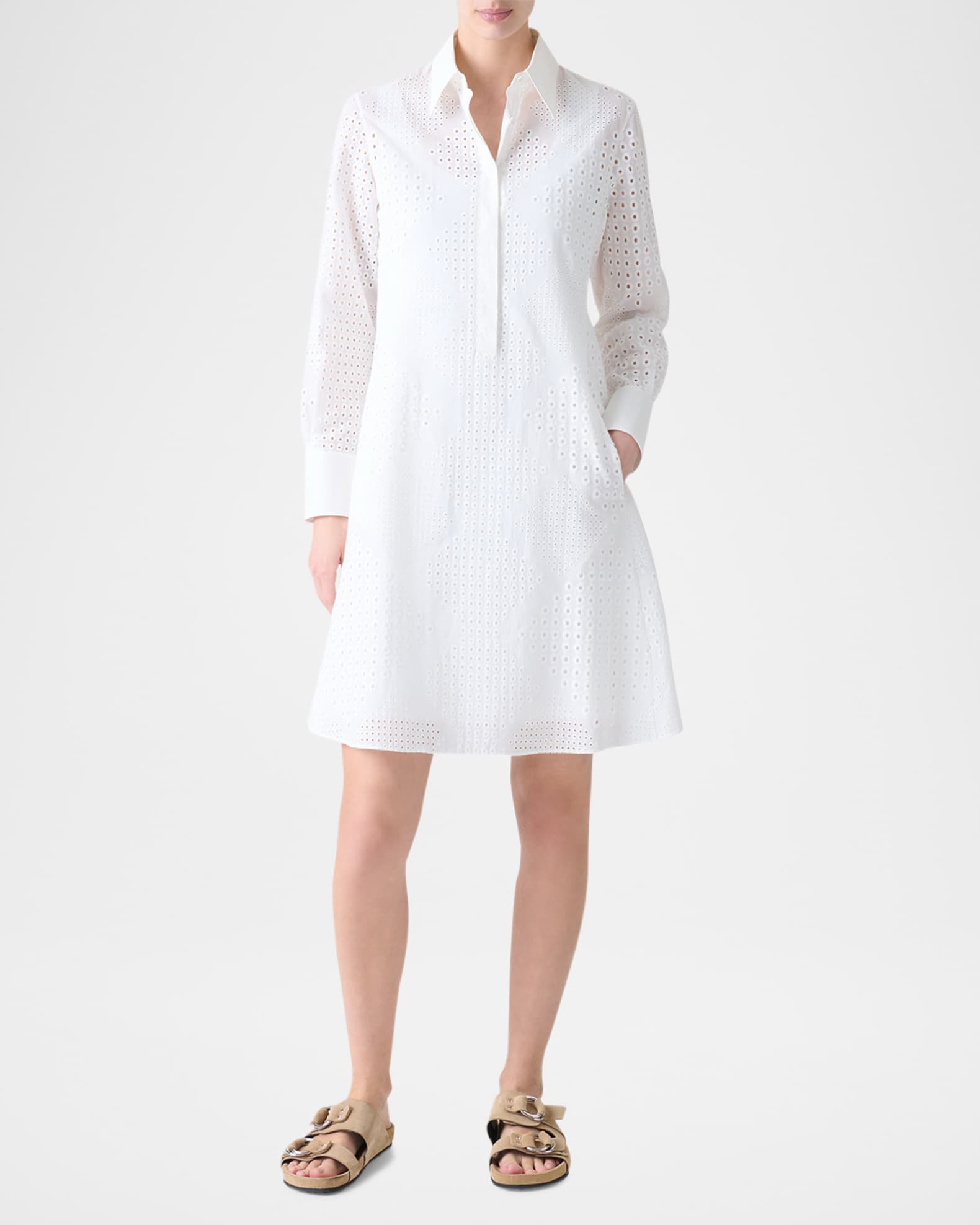 Diamond Eyelet Poplin Long-Sleeve Mini Shirtdress 1