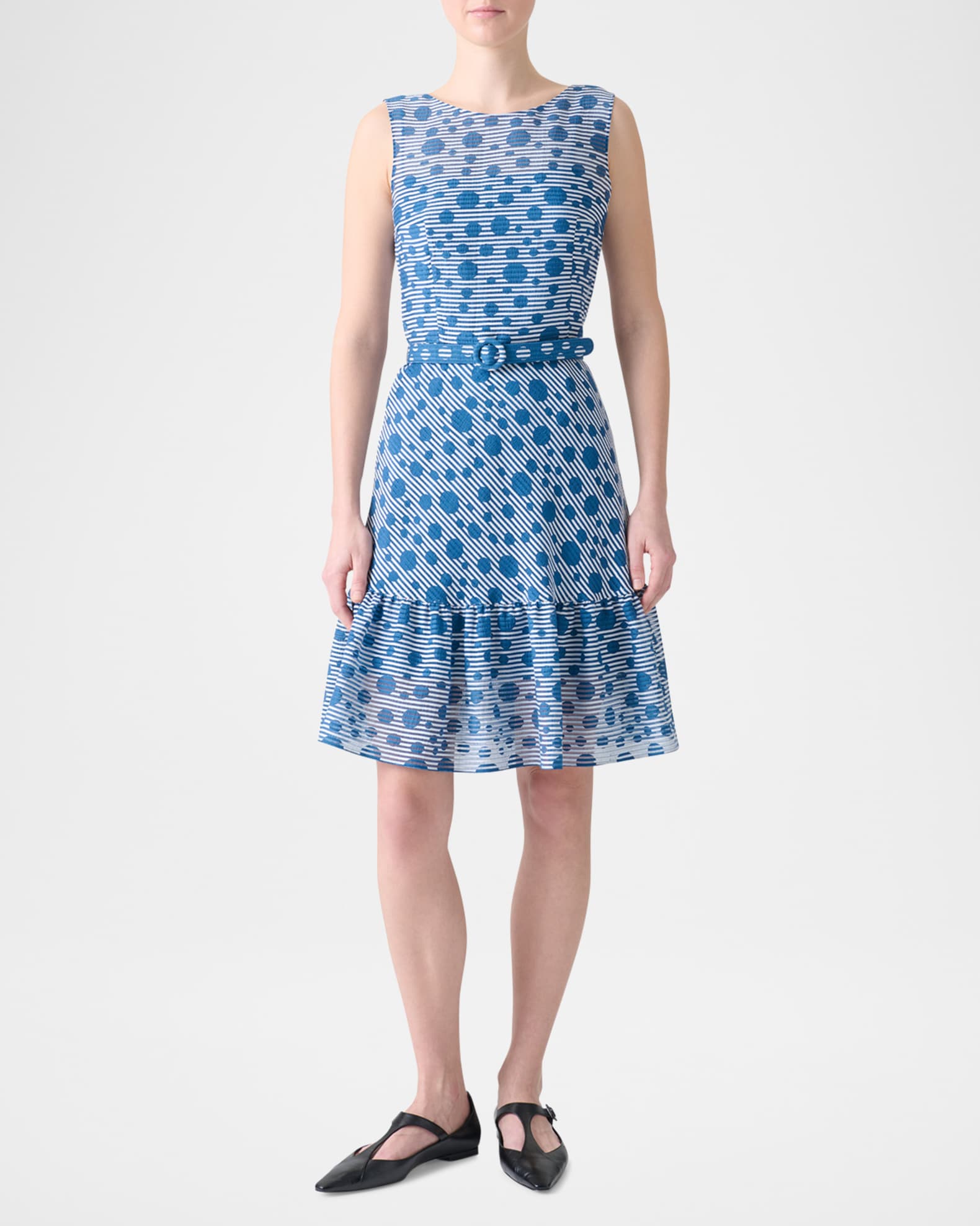 Sleeveless Belted Dot-Seersucker Dress 1