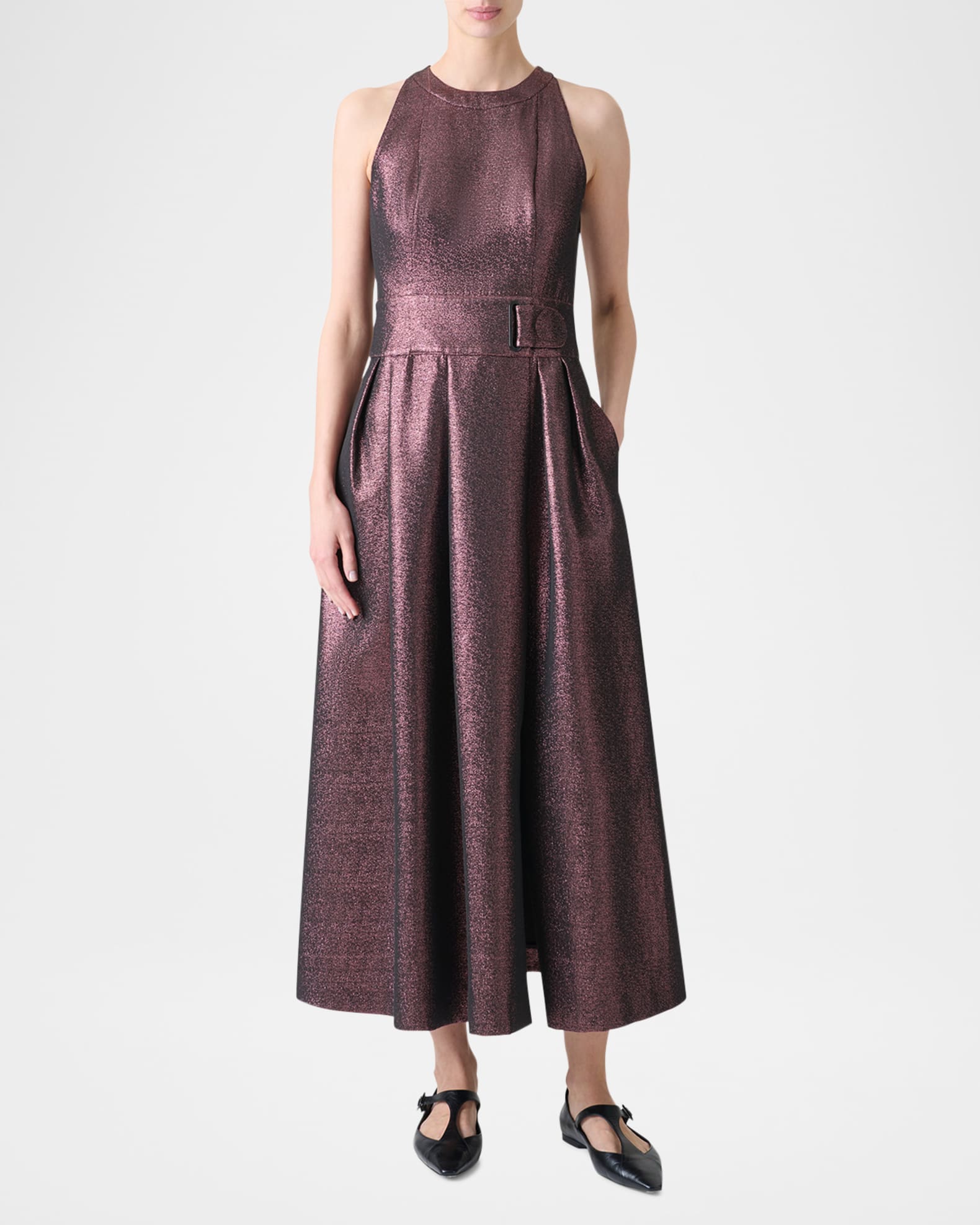 Sleeveless Belted Metallic Midi Dress 1
