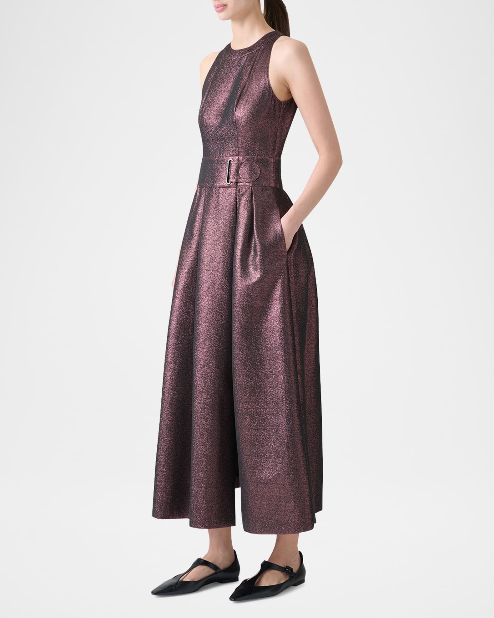 Akris punto Sleeveless Belted Metallic Midi Dress | Neiman Marcus