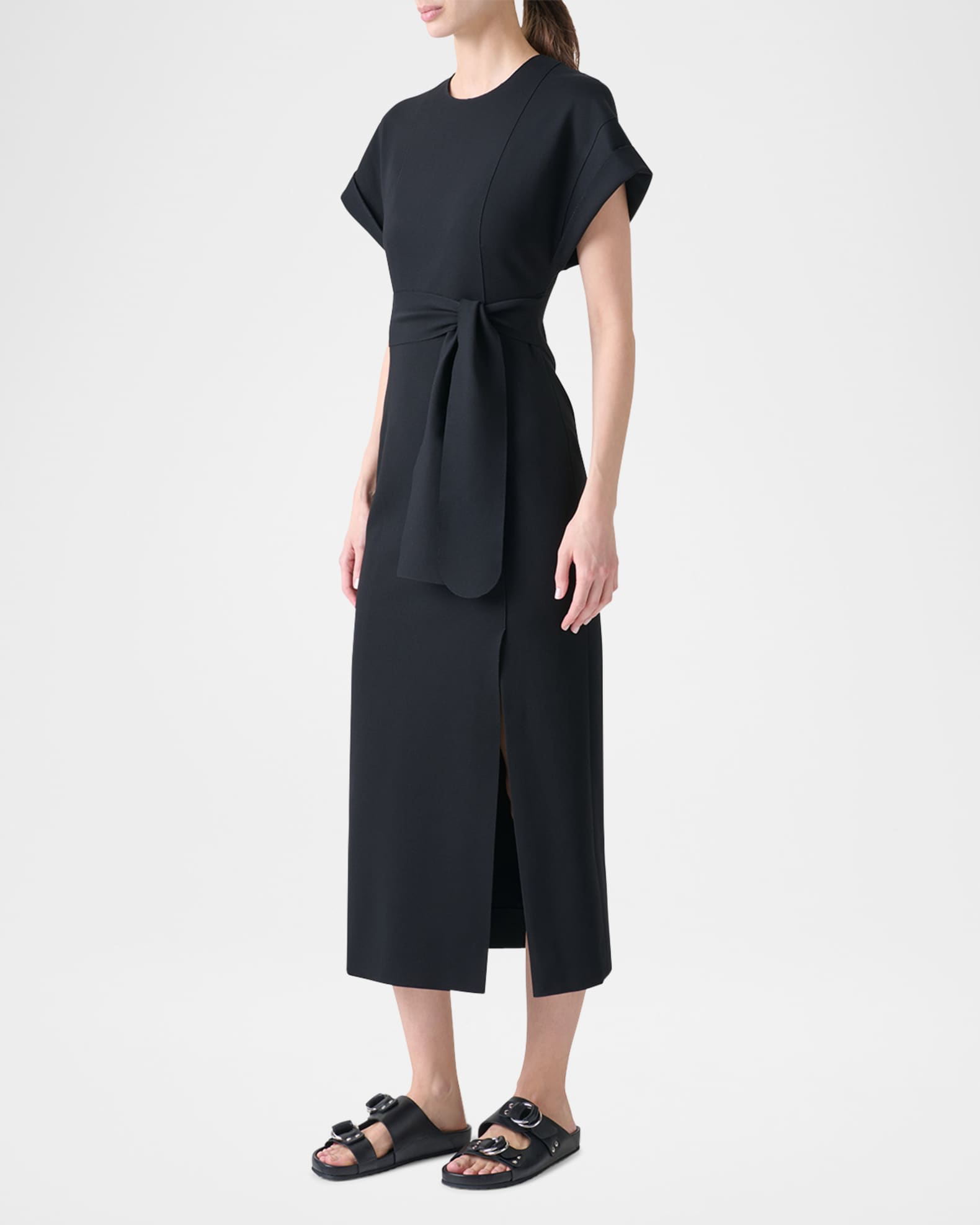 Akris punto XL Dot Cutout Short-Sleeve Belted Midi Slit Dress