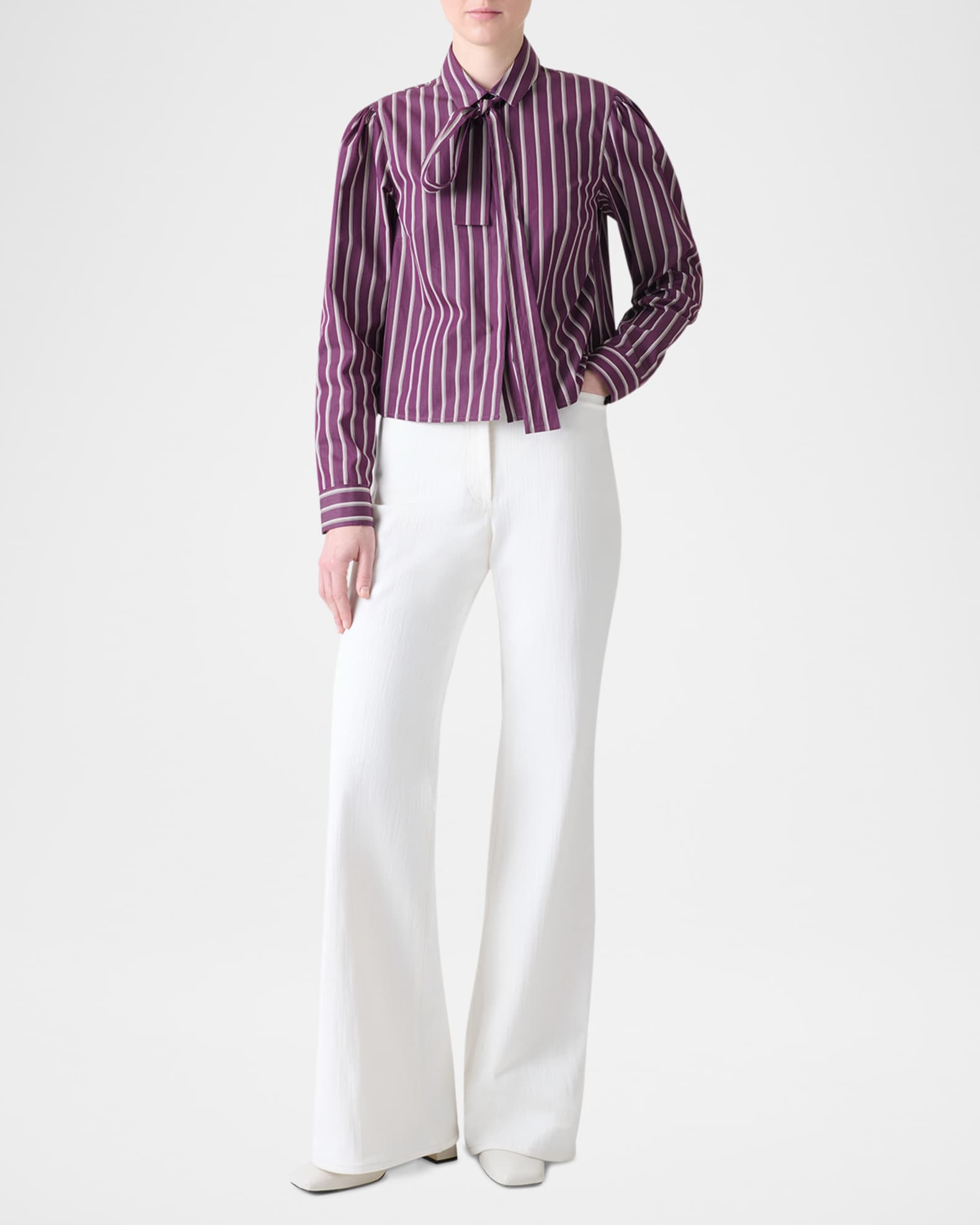 Striped Tie-Neck Cotton Poplin Blouse 1