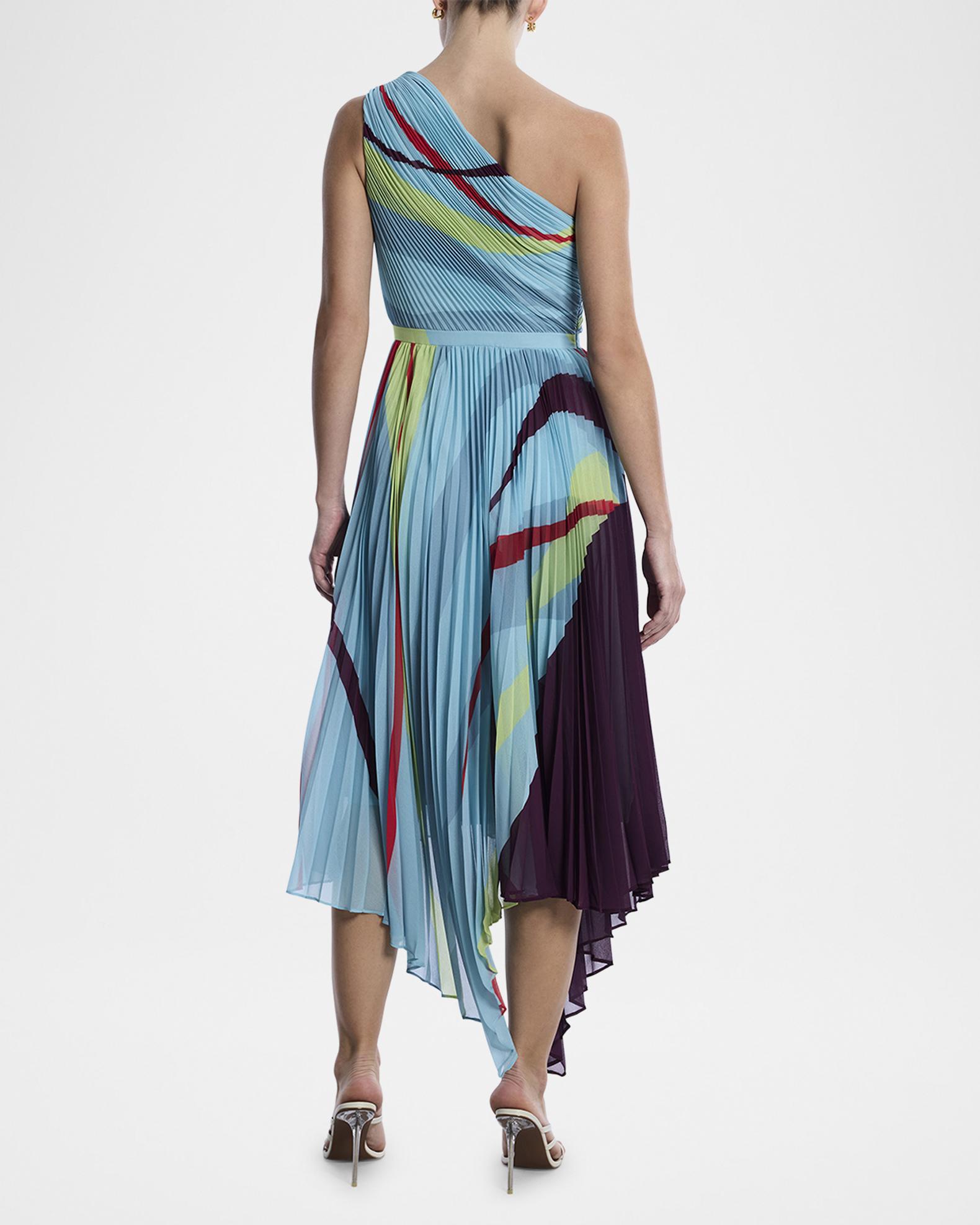 Printed Pleated Dress Seafoam Floating Ribbons / 0
