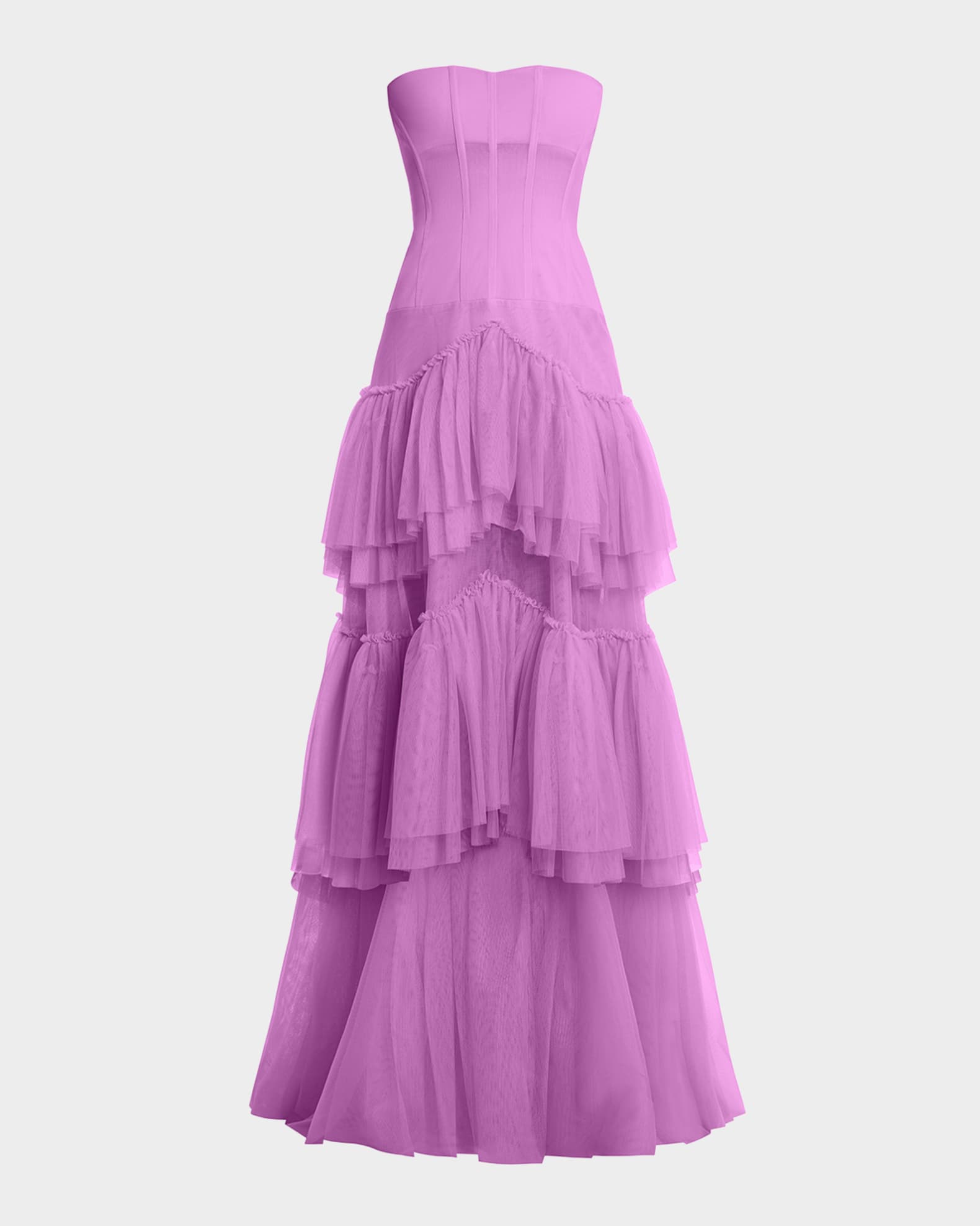 BCBGMAXAZRIA Strapless Ruffle Tiered Corset Gown | Neiman Marcus