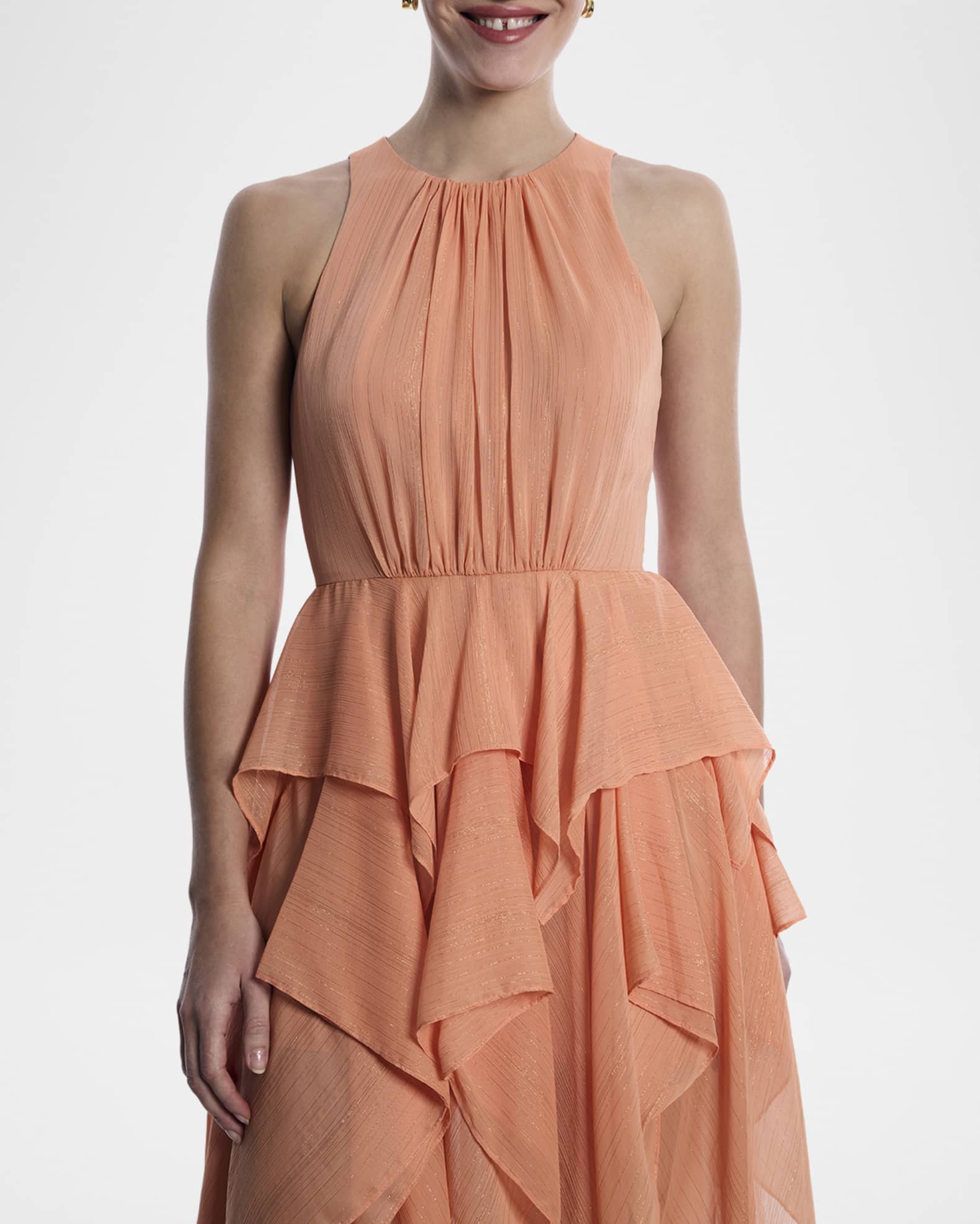 BCBGMAXAZRIA Ruffle Metallic Shimmer Midi Dress | Neiman Marcus