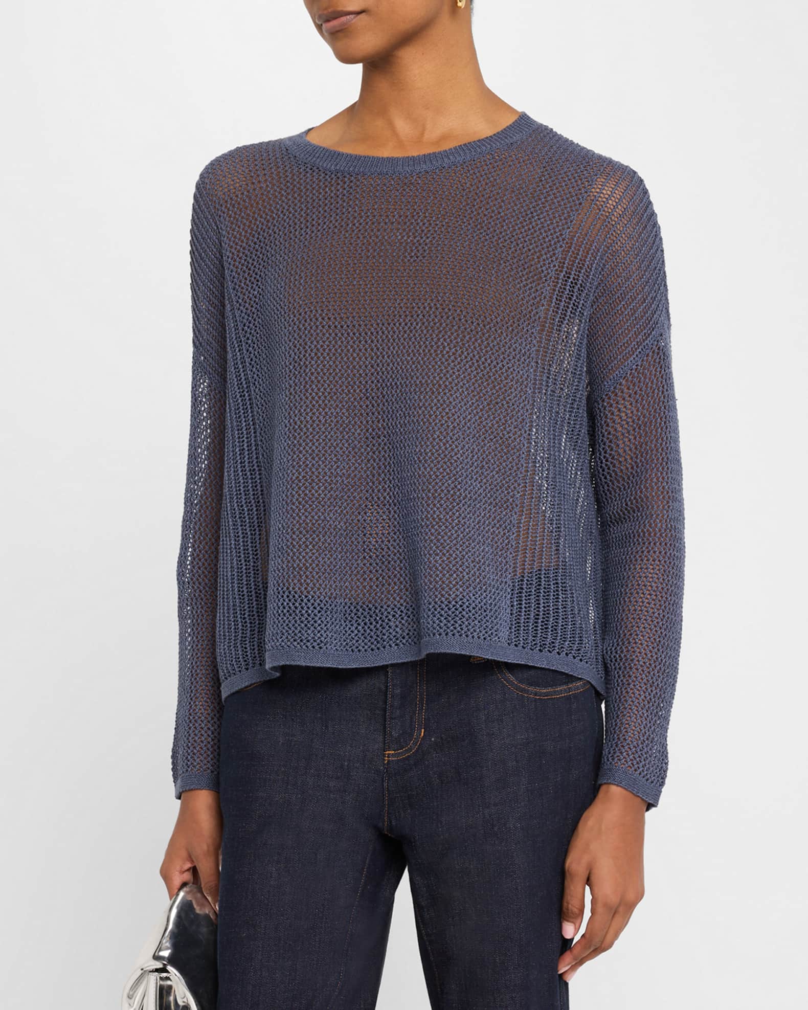 EILEEN FISHER Womens Teal Ribbed Knit Drop-shoulder 3/4 Sleeve Crew Neck Hi-Lo Sweater