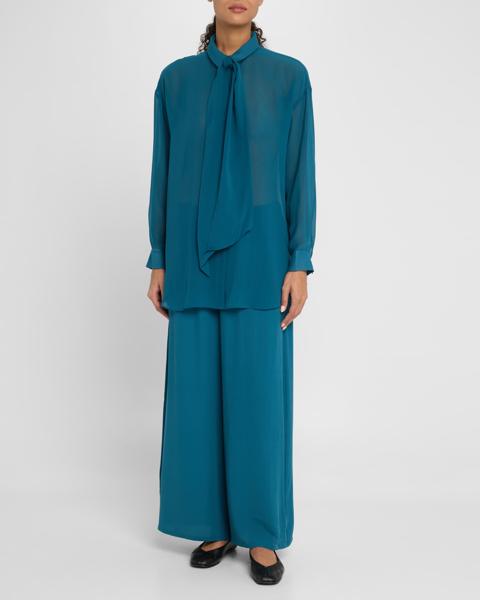 Tie-Neck Sheer Silk Georgette Blouse 1