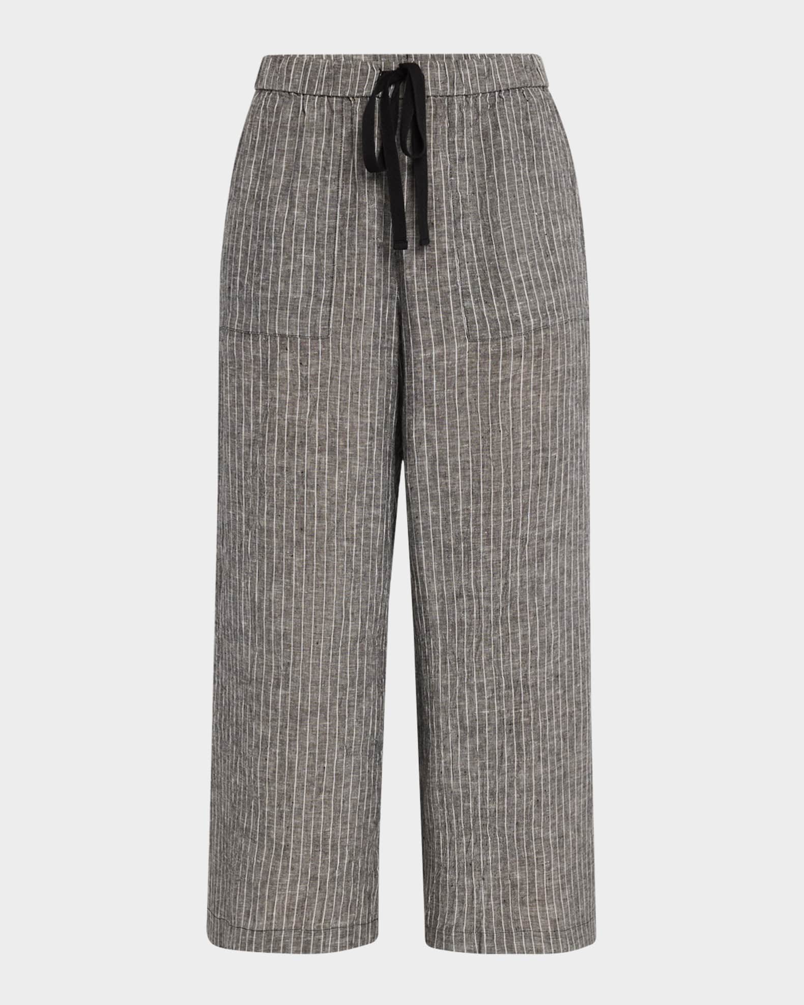 Cropped Wide-Leg Striped Organic Linen Pants 0