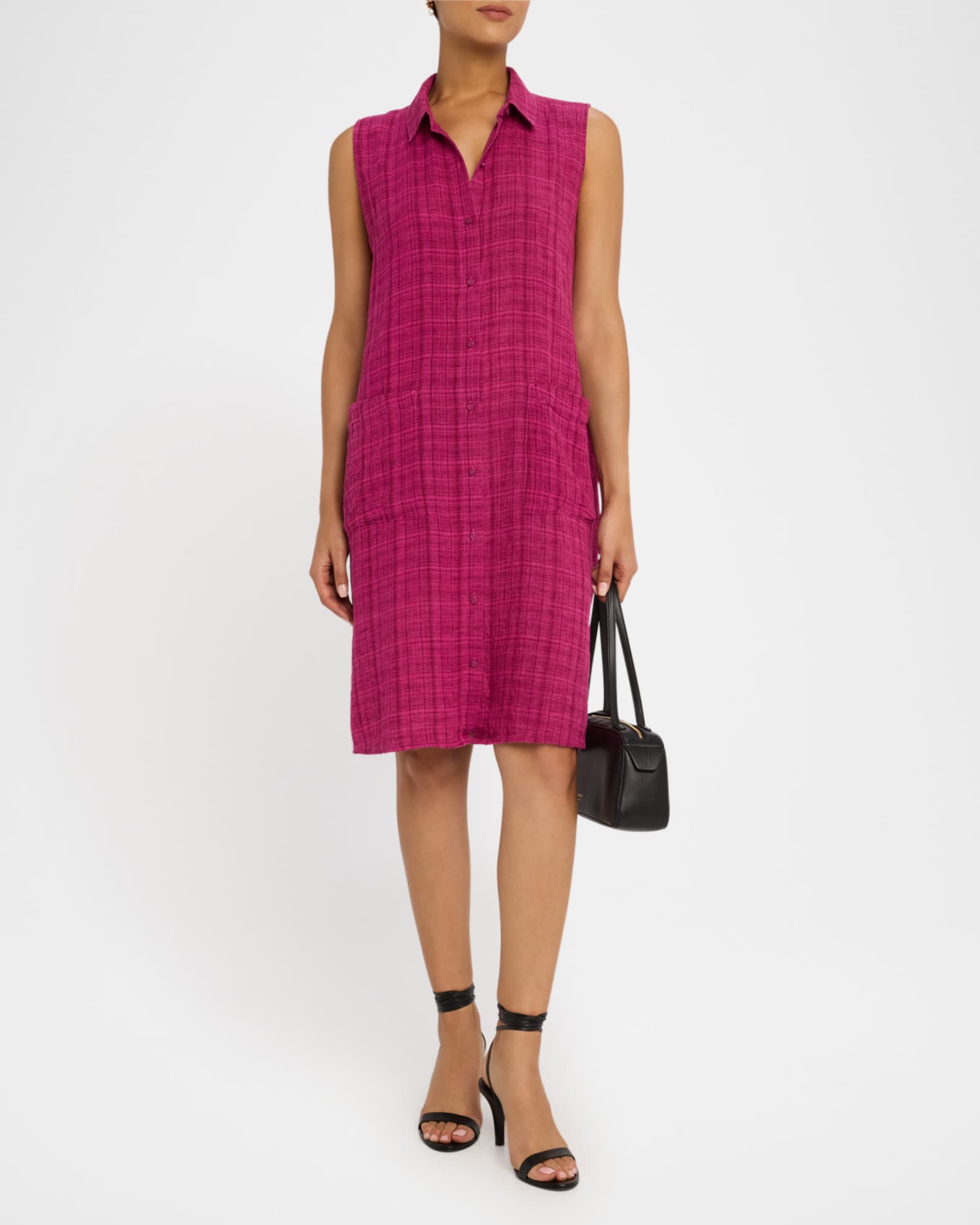 Crinkled Plaid Organic Linen Shift Shirtdress 1