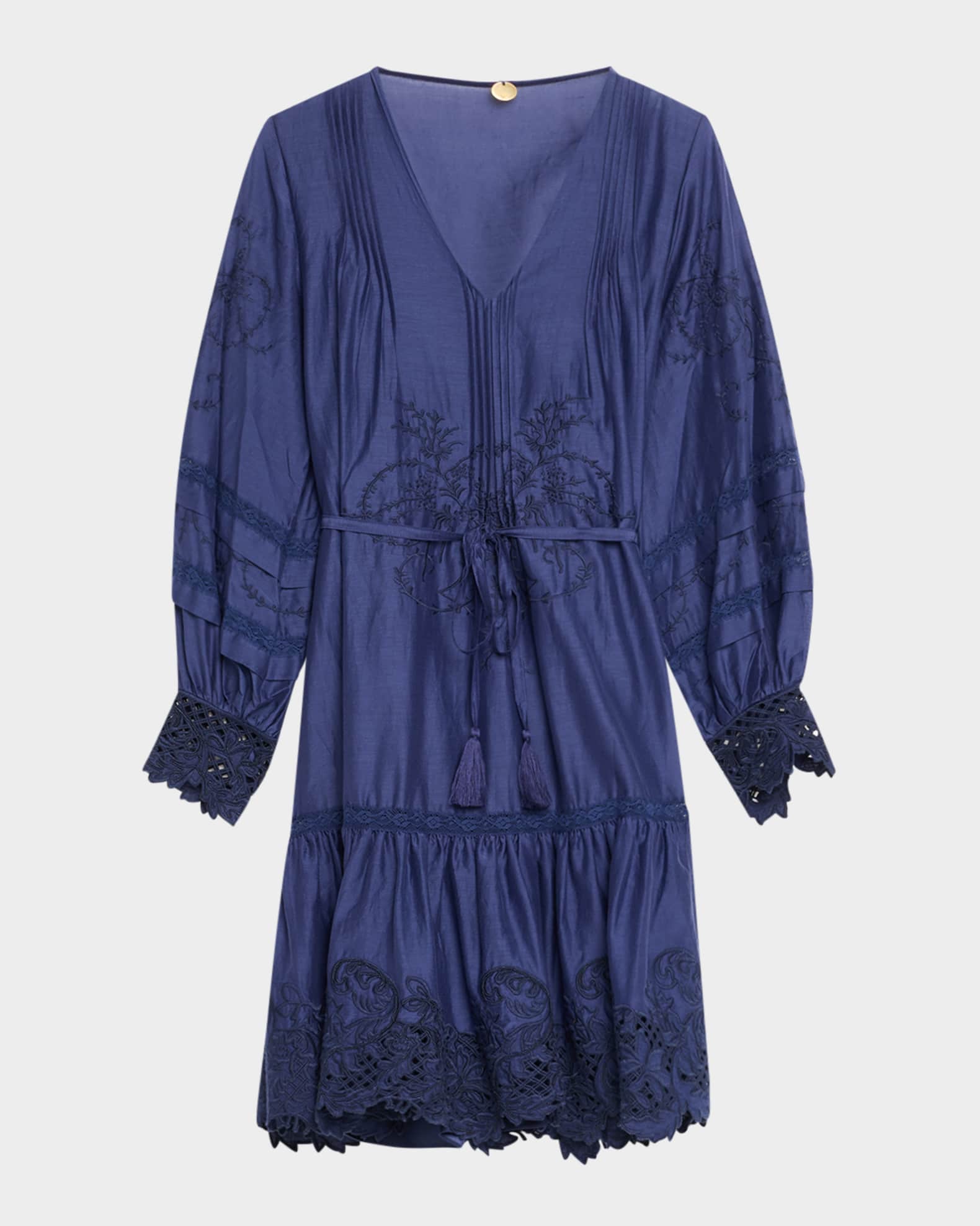 Sykora Embroidered Long-Sleeve Belted Dress 0