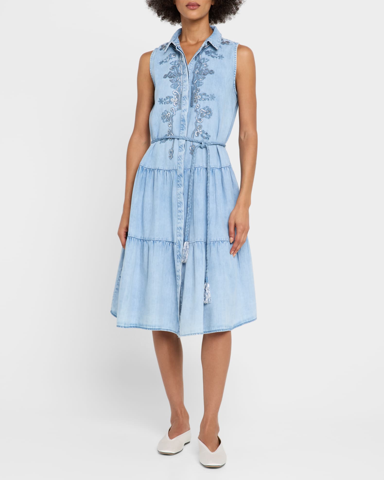 Glori Tiered Embroidered Denim Midi Dress 1