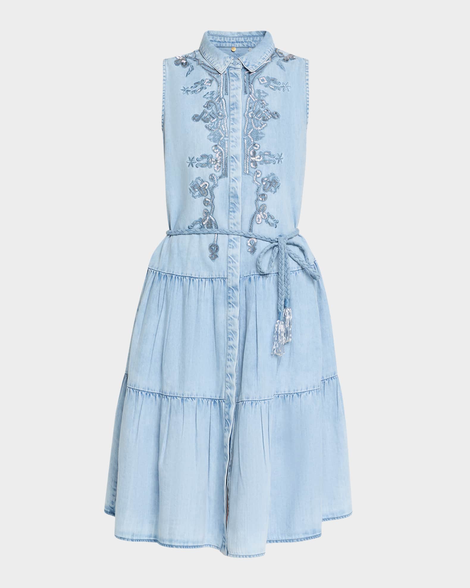 Glori Tiered Embroidered Denim Midi Dress 0