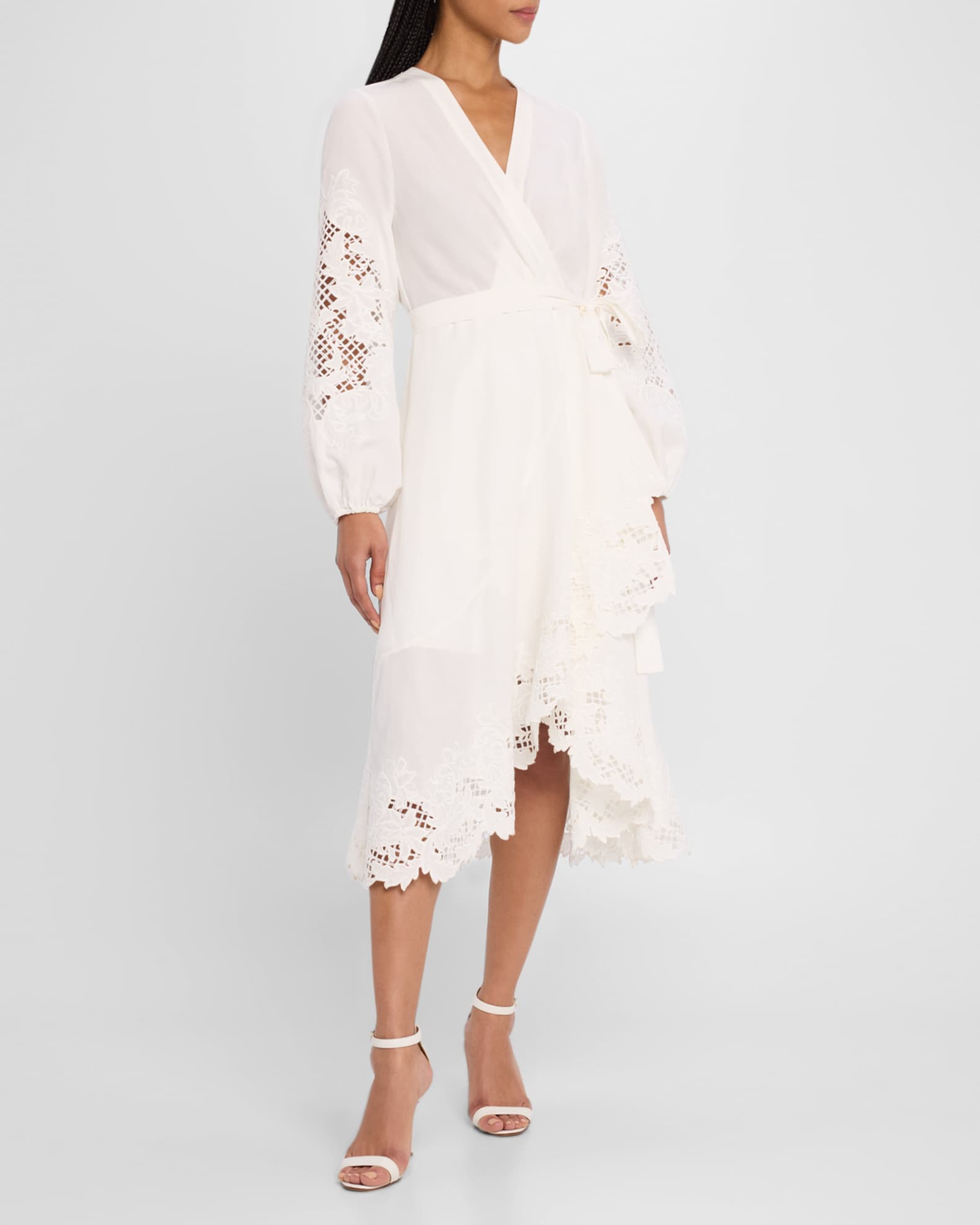 Kobi Halperin Sigal Embroidered Lace-Inset Midi Wrap Dress | Neiman Marcus