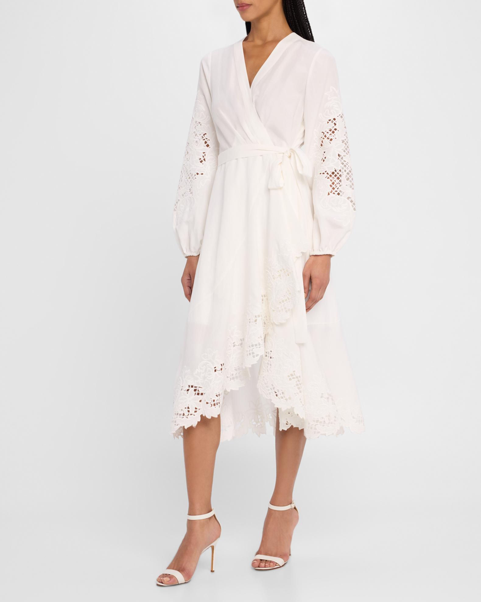 Kobi Halperin Sigal Embroidered Lace-Inset Midi Wrap Dress | Neiman Marcus