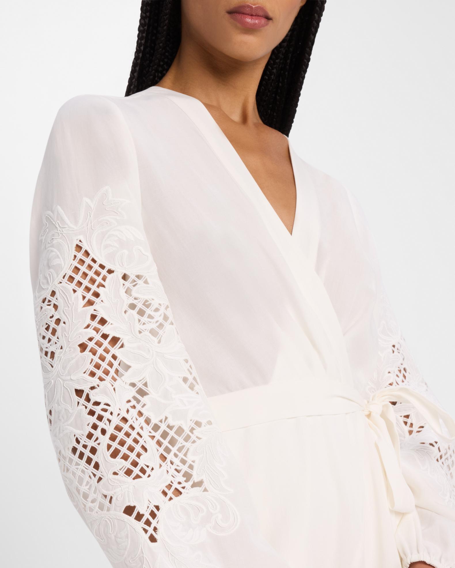 Kobi Halperin Sigal Embroidered Lace-Inset Midi Wrap Dress | Neiman Marcus