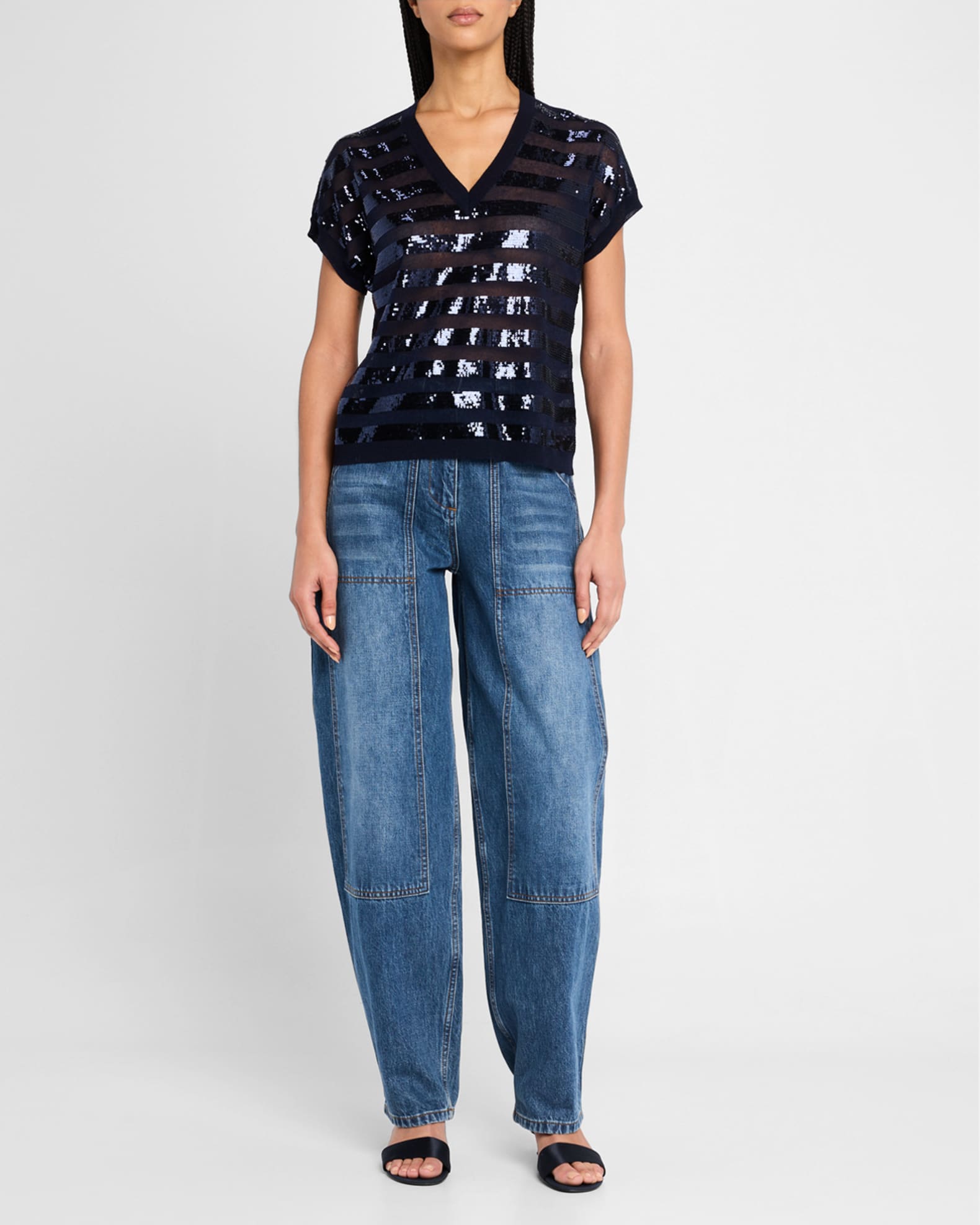 Elara Sequin Striped V-Neck Sweater 1