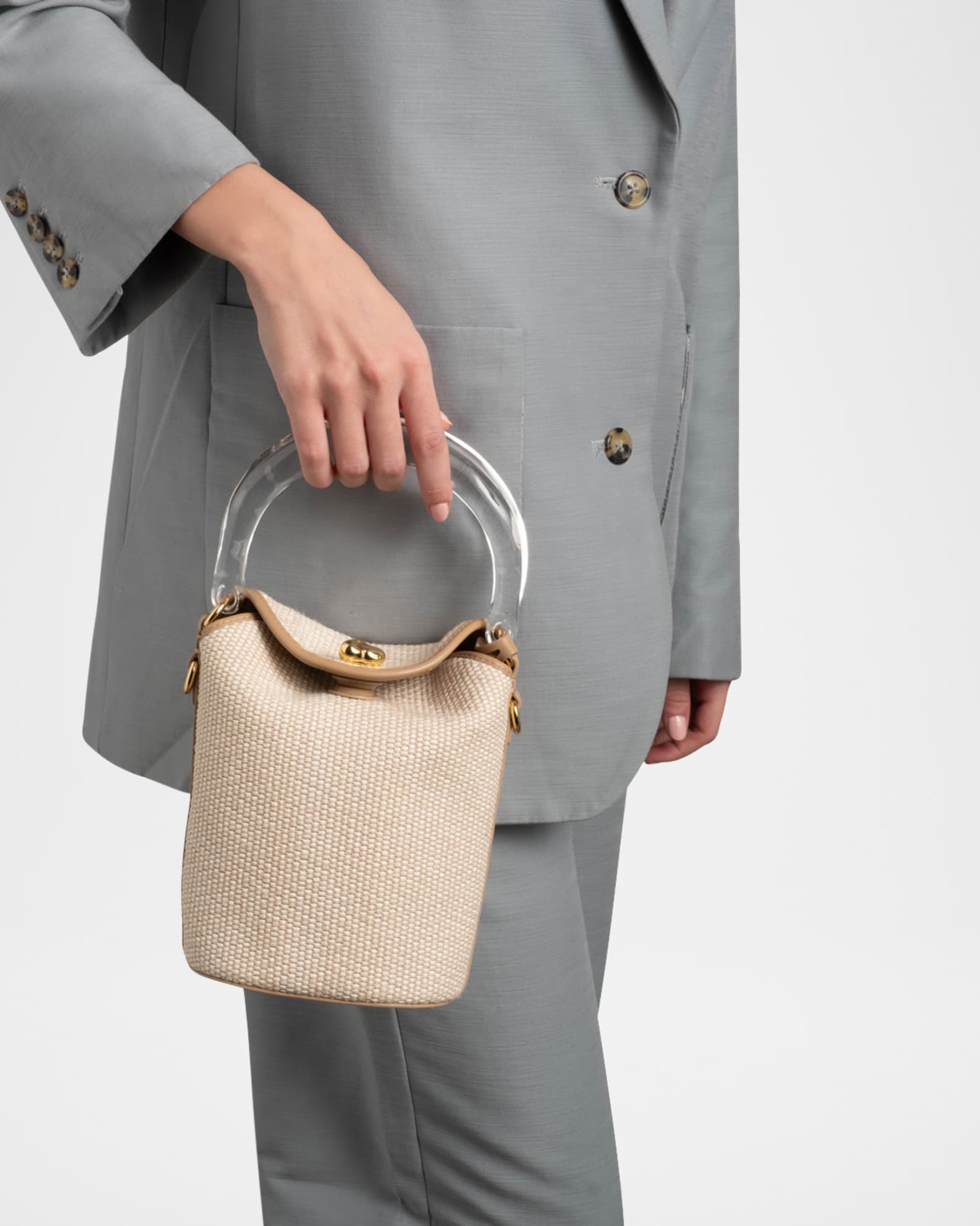 Liquid Lucite Raffia & Leather Bucket Bag 1