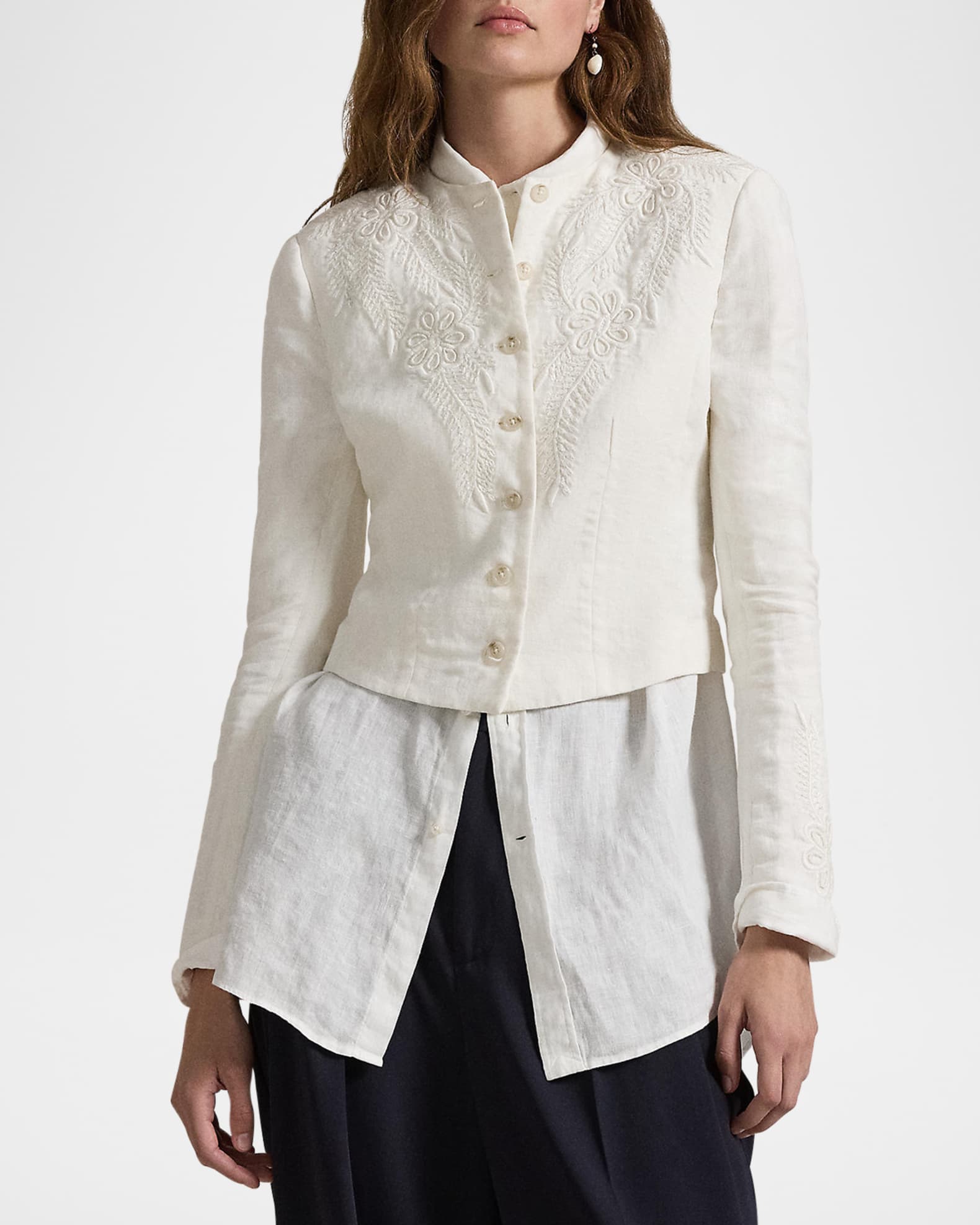タイムセール 探し方 Floral-Embroidered Lauren Ralph Polo Linen Neiman | Jacket ジャケット・アウター