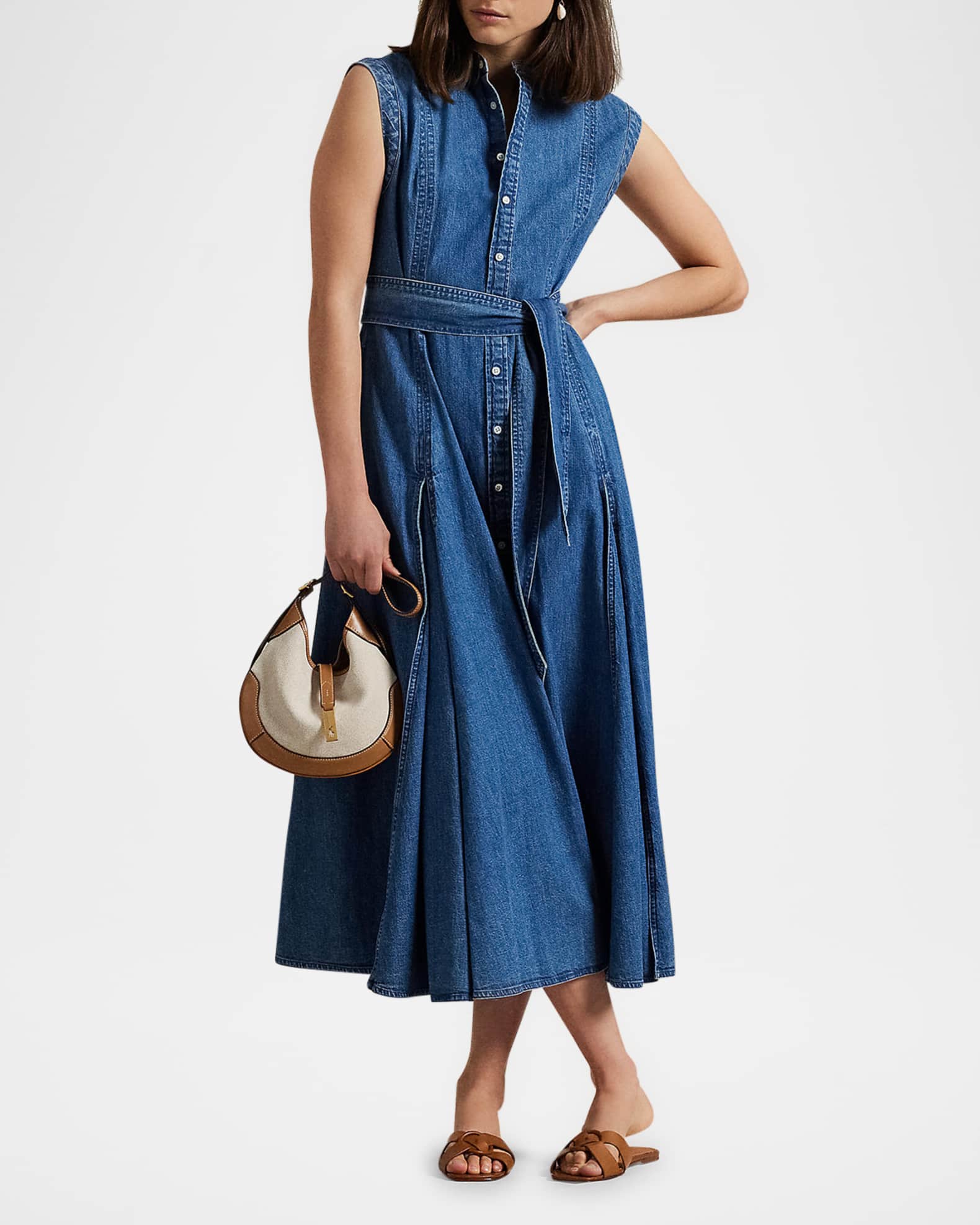 Belted Denim Sleeveless A-Line Dress 1