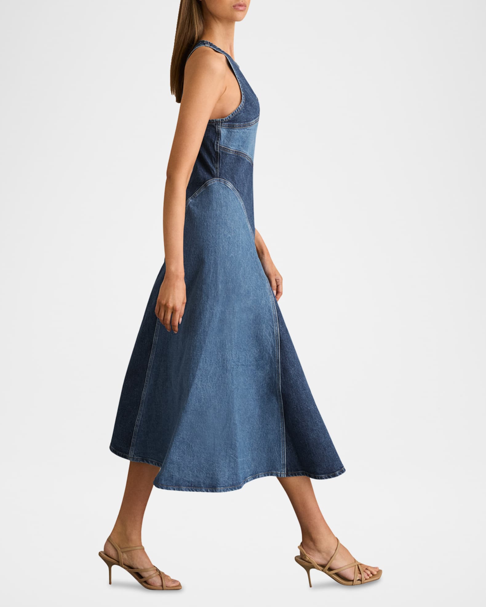 Reiss Wilder Patchwork Cotton Chambray Midi Dress | Neiman Marcus