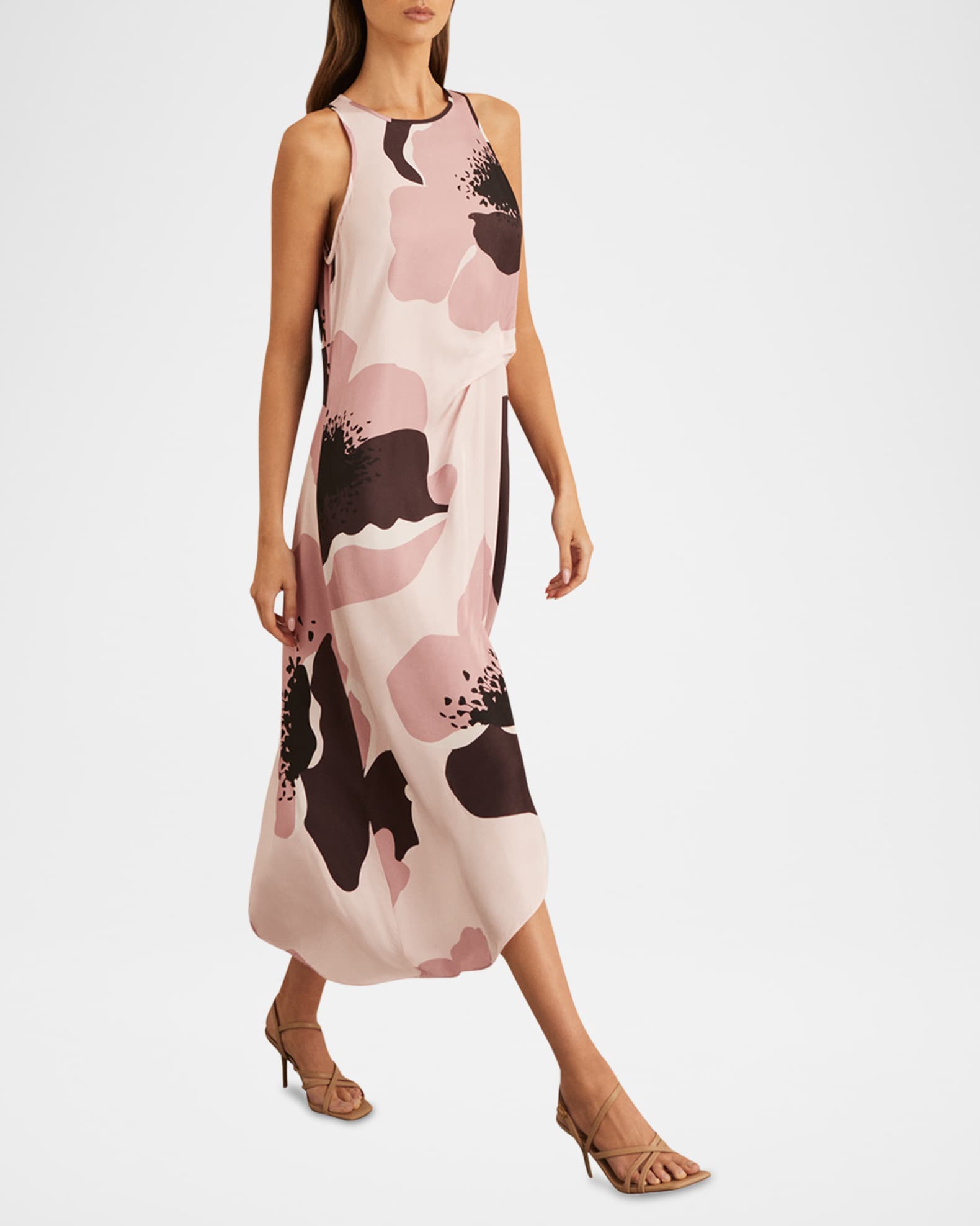【海外限定】REISSワンピース☆Michalie Floral-Print Satin Mid Buy Reiss Brown Michalie Petite Satin Floral Tuck Midi Dress