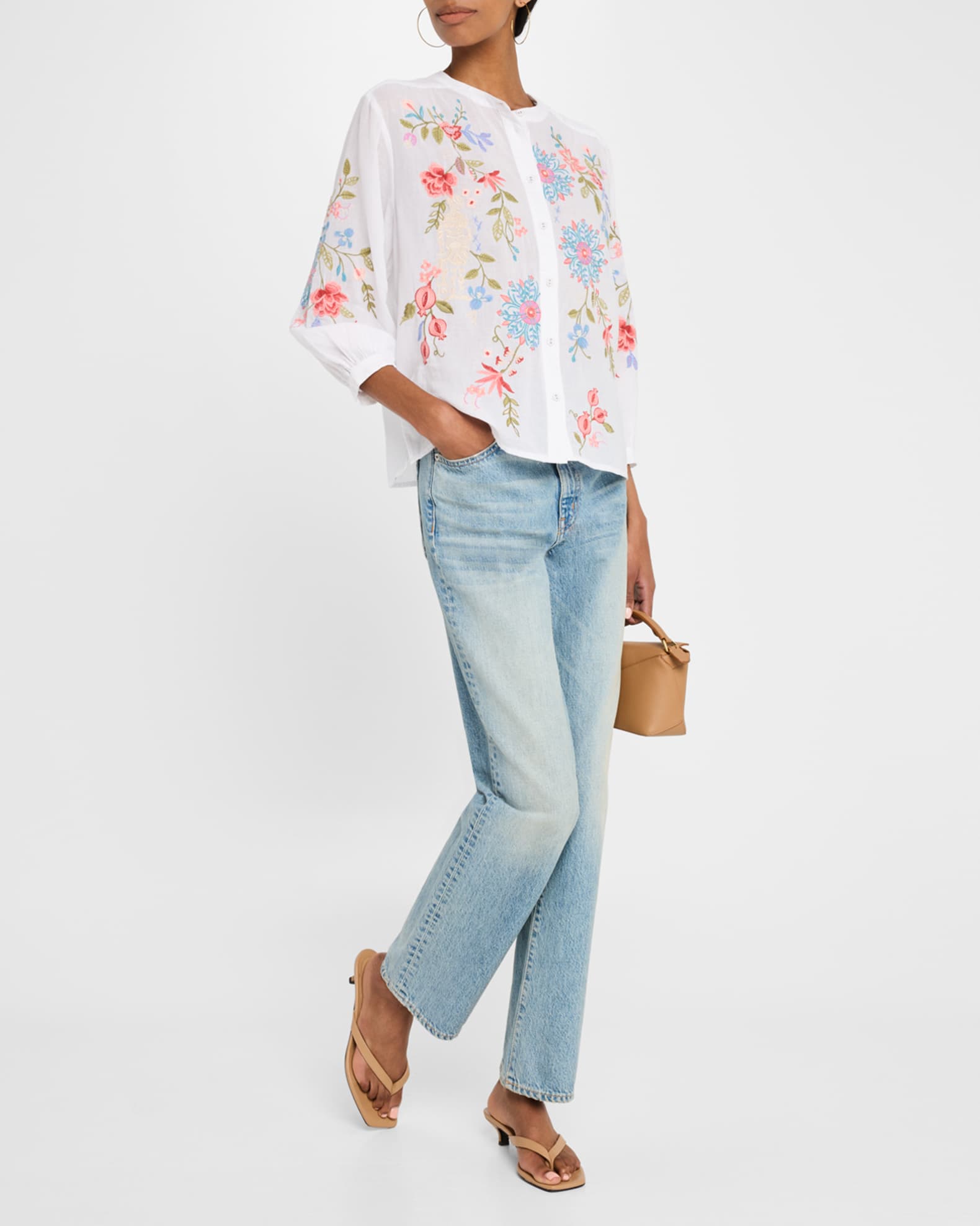 Shirred Floral-Embroidered Cotton Blouse 1